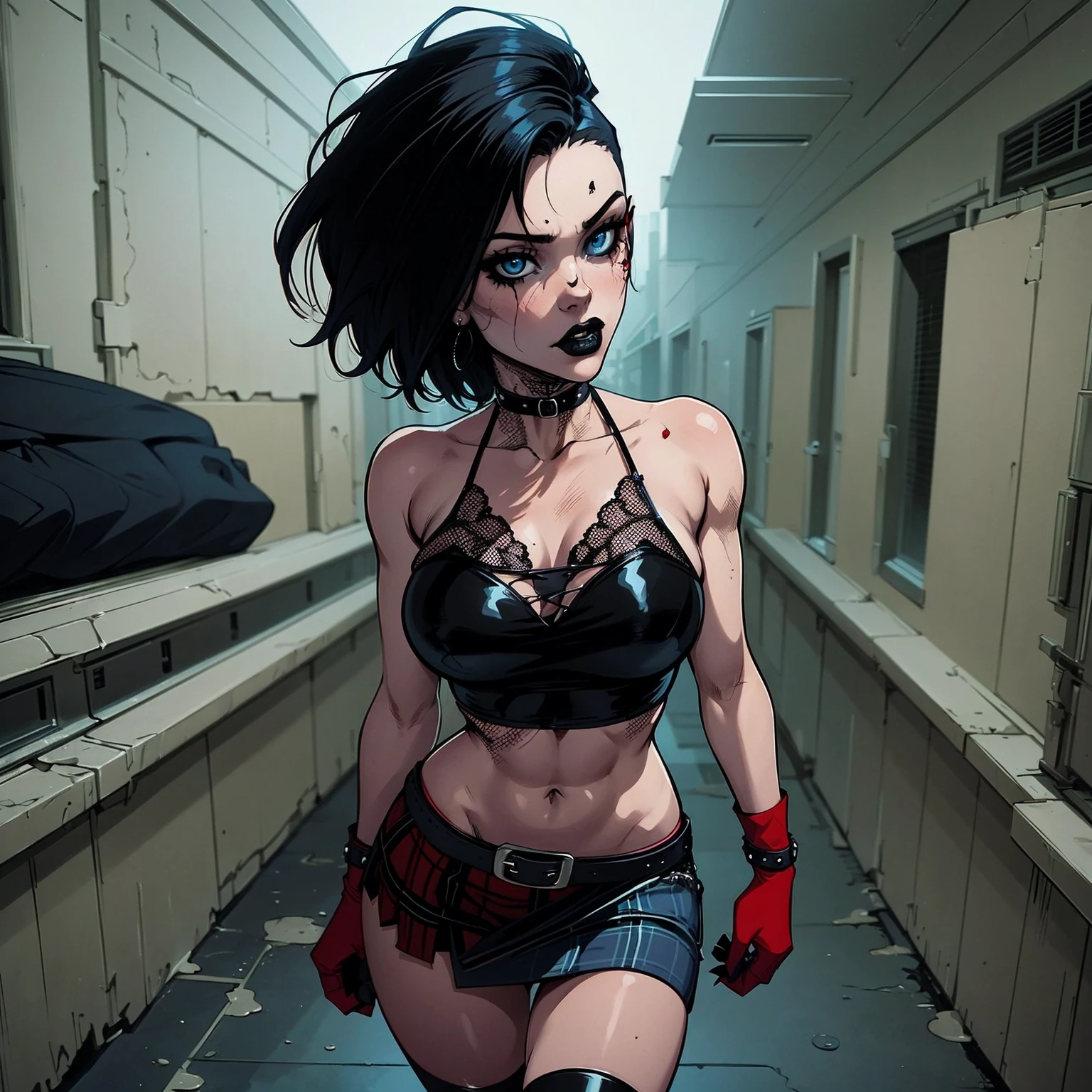 a woman with short black hair, hair on shoulders,  wearing a black cropped  and plaid skirt, blue eyes, zombie art, gothic art, cute aesthetic with vibe, toon aesthetic, wearing red costume, wearing gothic accessories, look like Cassie Hack, whole body, walking on the skrulls