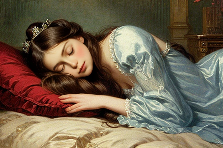 “Sleeping Beauty”, Grimm Fairy Tales, etching illustration, storybook illustration, beautiful princess, (((sleeping on bed, sleeping for a long time))), (((small bust, narrow waist))), (((wearing night gown, tiara))), (((victorian art style, art by John Tenniel)))