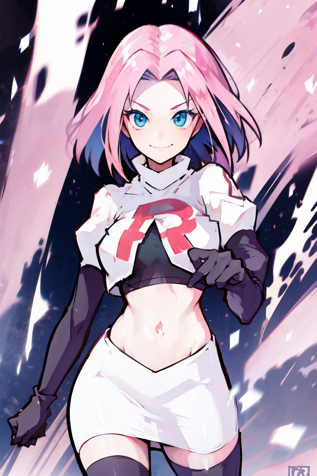 haruno sakura ,rocket,team rocket uniform, red letter R, white skirt,white crop top,black thigh-high boots,black elbow gloves, evil smile, look at viewer,