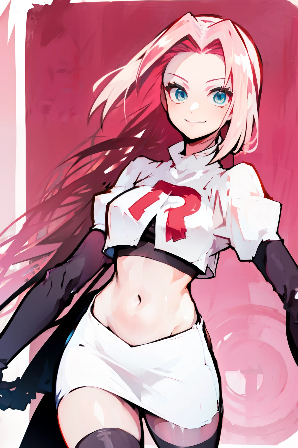 haruno sakura ,rocket,team rocket uniform, red letter R, white skirt,white crop top,black thigh-high boots,black elbow gloves, evil smile, look at viewer,