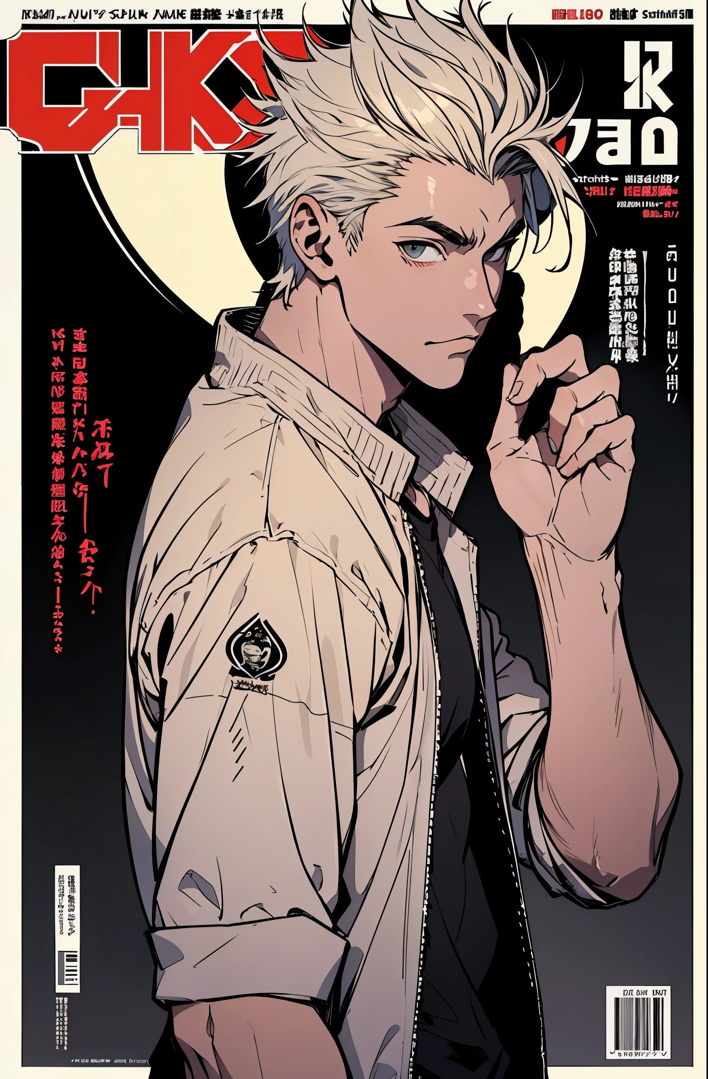 a mais alta qualidade, 8k, image high resolution, Jujutsu kaisen estilo anime , Arataki Itto, Detailed strokes, fundo desfocado, (a magazine cover style),  purple light reflecting on him , (angulo de perto), 1 homem, jovem, masculo, modelo, standing     , multicolored background with various geometric shapes , stikers em volta, musculoso, cabelo vermelho e branco, vestindo uma jaqueta fria , olhos marcantes , com a camisa, Peito inchado