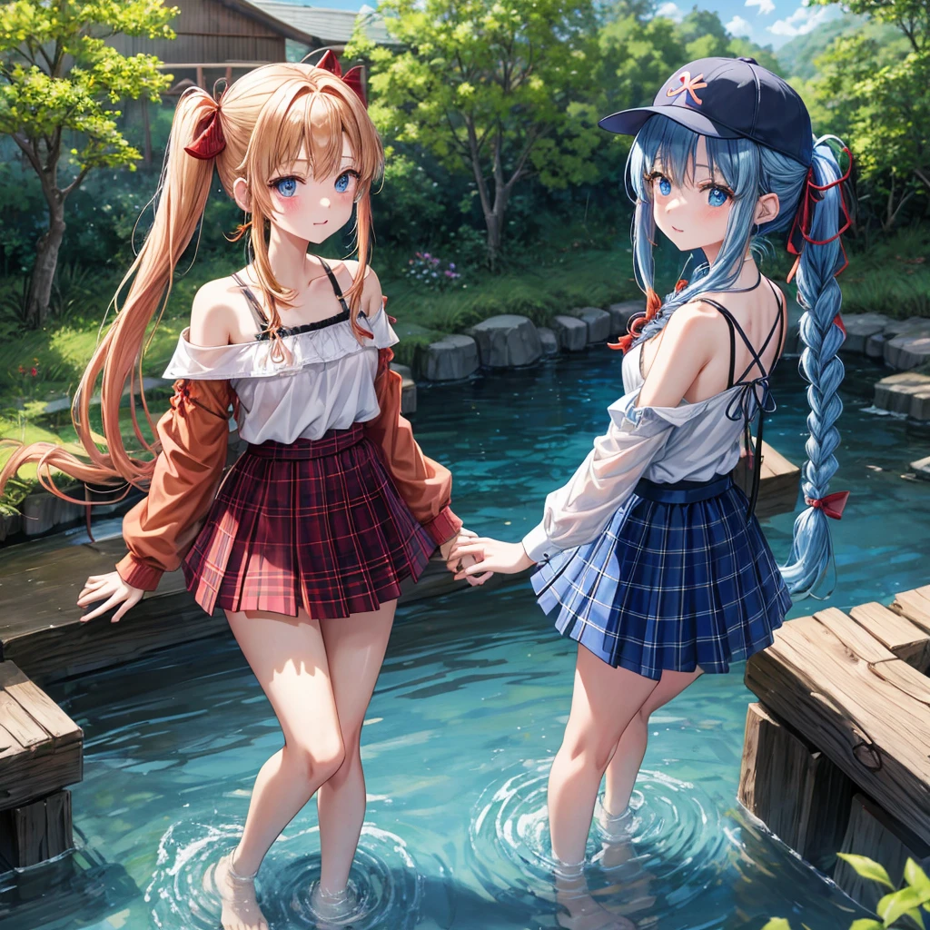 Red-blonde、Blue hair、blue eyess、Braids、poneyTail、one good looking girl、独奏、animesque、Plaid miniskirt、Black T-shirt、camisole、the woods、Walking、Wearing a plaid baseball cap、bare-legged、Tilting your face、log bridge、Doing the ribbon、have a twig、falls、Blue Topaz、Sunset sky、Wearing headphones、Stone bridge、falls壺、Waterwheel、Small fish are swimming