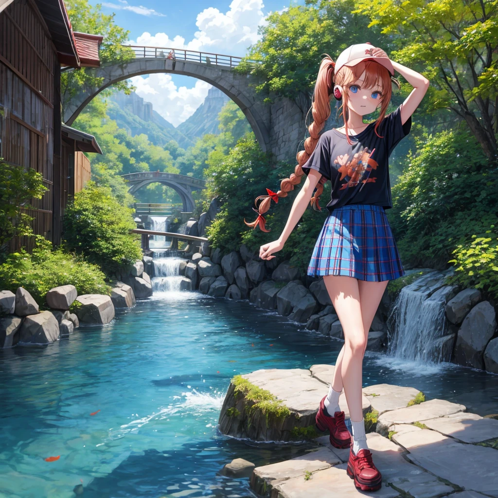 Red-blonde、Blue hair、blue eyess、Braids、poneyTail、one good looking girl、独奏、animesque、Plaid miniskirt、Black T-shirt、camisole、the woods、Walking、Wearing a plaid baseball cap、bare-legged、Tilting your face、log bridge、Doing the ribbon、have a twig、falls、Blue Topaz、Sunset sky、Wearing headphones、Stone bridge、falls壺、Waterwheel、Small fish are swimming