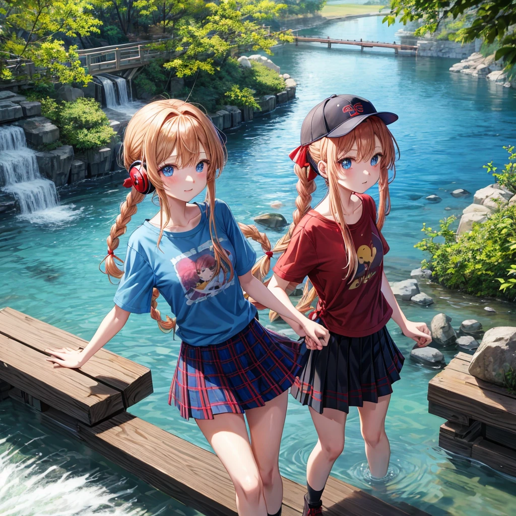 Red-blonde、Blue hair、blue eyess、Braids、poneyTail、one good looking girl、独奏、animesque、Plaid miniskirt、Black T-shirt、camisole、the woods、Walking、Wearing a plaid baseball cap、bare-legged、Tilting your face、log bridge、Doing the ribbon、have a twig、falls、Blue Topaz、Sunset sky、Wearing headphones、Stone bridge、falls壺、Waterwheel、Small fish are swimming