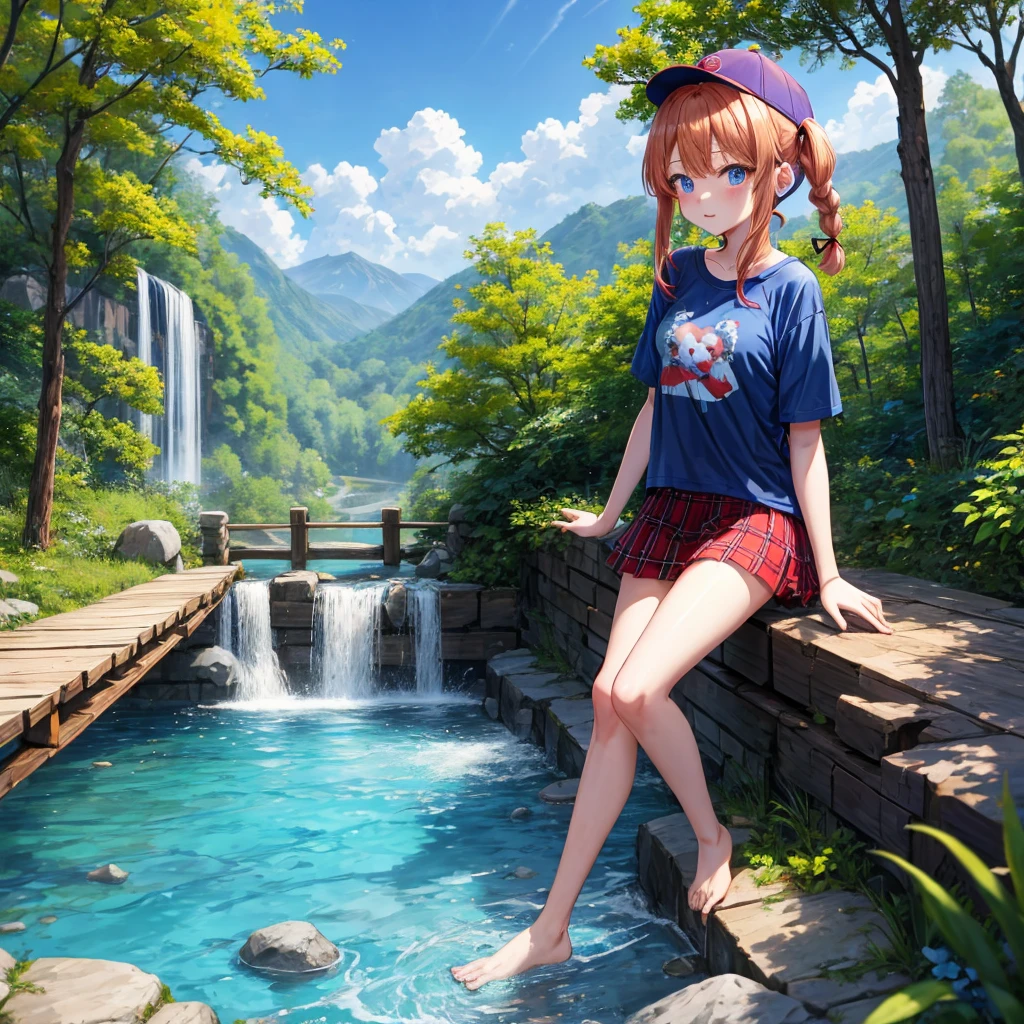Red-blonde、Blue hair、blue eyess、Braids、poneyTail、one good looking girl、独奏、animesque、Plaid miniskirt、Black T-shirt、camisole、the woods、Walking、Wearing a plaid baseball cap、bare-legged、Tilting your face、log bridge、Doing the ribbon、have a twig、falls、Blue Topaz、Sunset sky、Wearing headphones、Stone bridge、falls壺、Waterwheel、Small fish are swimming