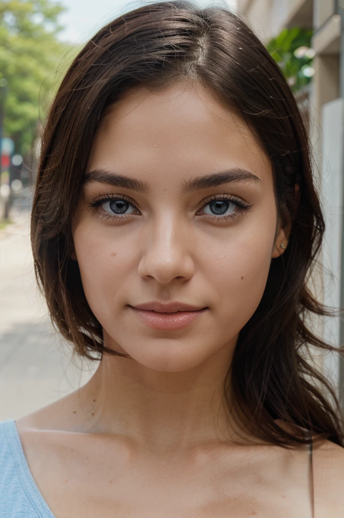 Generate an ultra-realistic image of a beautiful Latina girl with light blue eyes and dimples. Her appearance should be so angelic that it takes your breath away. The image should capture her radiant beauty and the ethereal quality that makes her seem like an angel, while maintaining a high level of detail and realism.