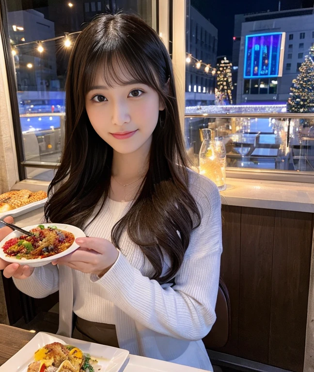 (ultra-detailliert、Raw photo、Top image quality、Realistic)、fun night time、A scene to enjoy delicious food、It is important to create an atmosphere that reflects the city lights and delicious food.、The season is winter、Beautiful coordination、A detailed face、Detailed Limbs、Detailed cooking、alcohol