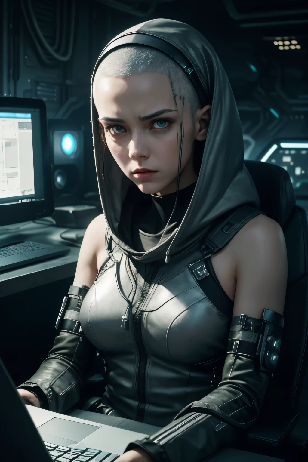 angry girl, without hair shaved army style hair, post-apocalyptic setting, plotting revenge, metallic hair wrapped around computer cables, ghostly eyes, inside a bunker with data centers, Over-the-shoulder, third person, intelligent hacker working on laptop, with a hoodie on covering head, dramatic, gloomy, dark, emotional depth, realistic detail, realistic hyper-detailed rendering, realistic painted still lifes, white cross-shaped eyes, shaved hair, intertwined computer wires in hair, an android woman with a face that seamlessly merges man-made mechanics with organic , The scene unfolds inside a futuristic military lab located aboard a colossal space ship. Captured in a mesmerizing painting, this vivid image captures the beauty of advanced technology intertwined with the fragility of humanity. The artist expertly depicts the intricate details, showcasing the delicate blending of metal and flesh on the android's face. Every subtle line and shadow denotes a meticulous attention to detail, resulting in a high-quality and immersive visual experience.