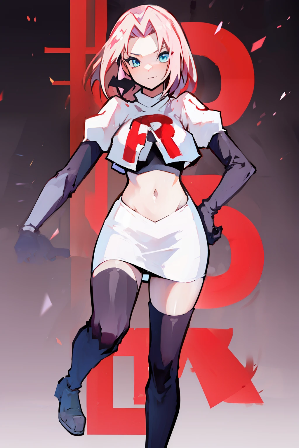 haruno sakura ,rocket,team rocket uniform, red letter R, white skirt,white crop top,black thigh-high boots,black elbow gloves,