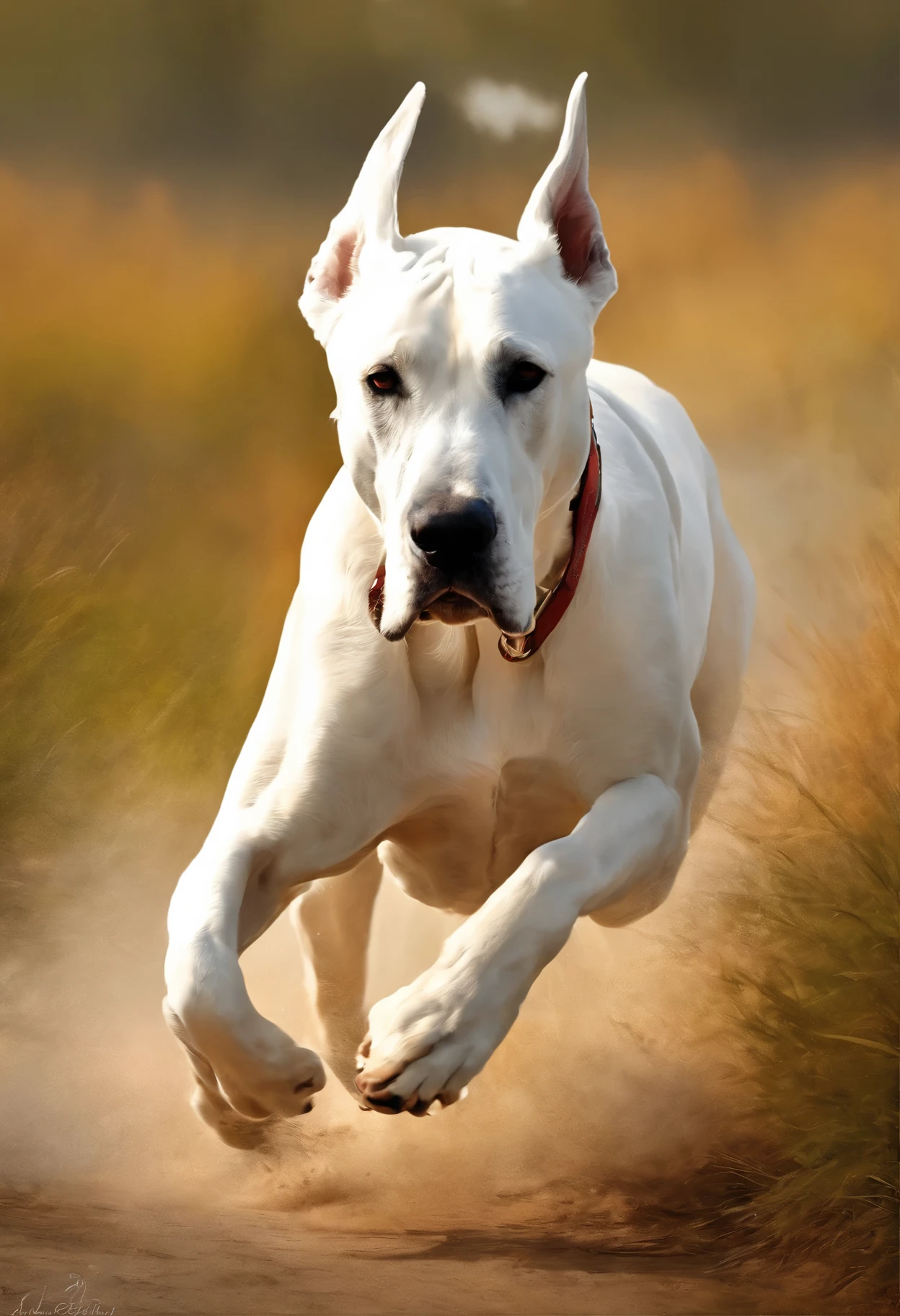 Picture of a white Great Dane dog., Running with the wind, gorgeous digital painting, airbrush digital oil painting, beautiful digital painting, inspired by John Frederick Herring, Senior., inspired by John Frederick Herring, Jr., Stunning digital painting, Beautiful dog of the Great Dane breed, Beautiful serene dog, Digital painting in HD format, high quality digital painting, Flowing mane, Epic oil painting, Beautiful picture of high