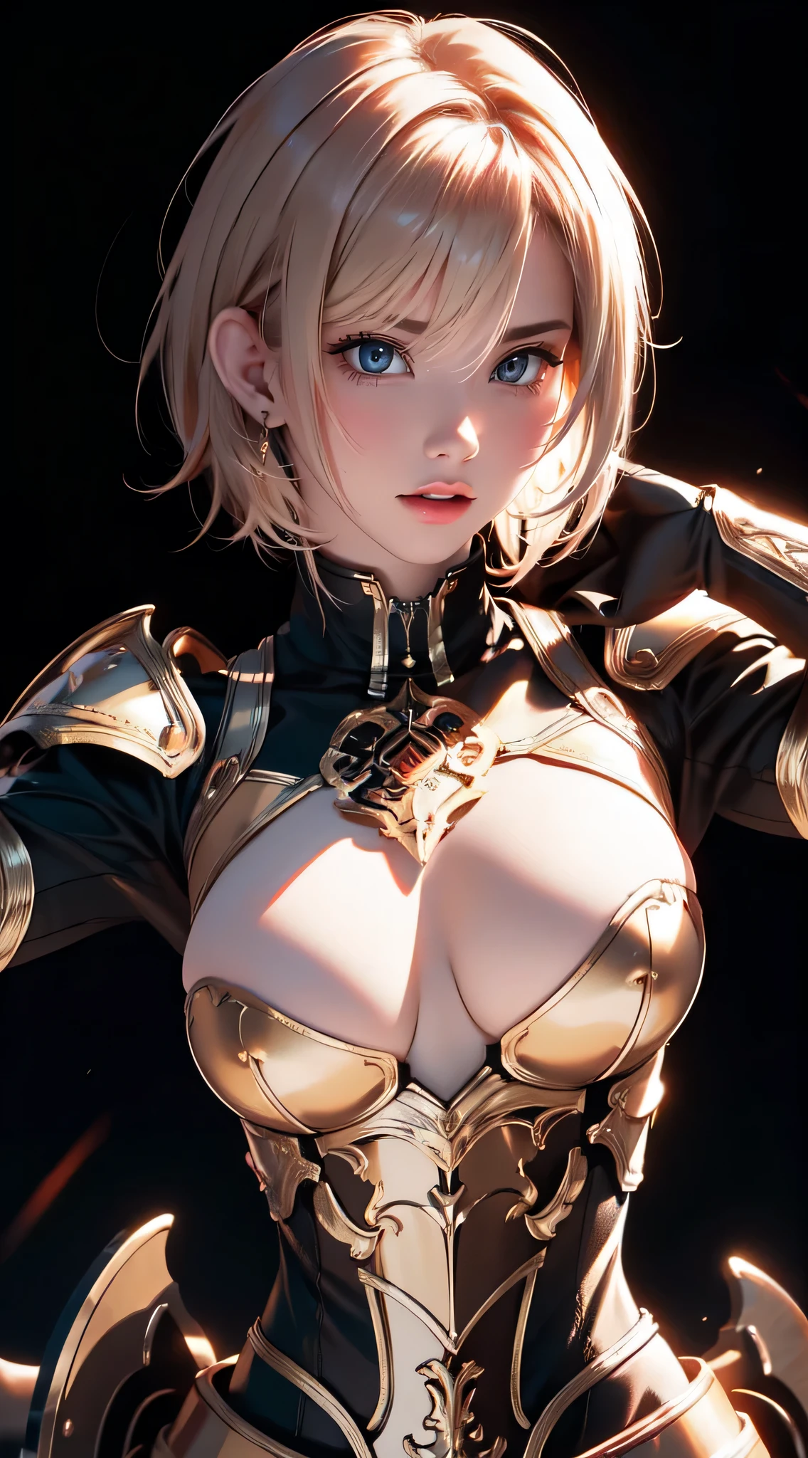 (Random Fighting Pose:1.2),Extreme close-up,Cinematic scene,Fantasy Art,Highest image quality,portrait of ultra realistic,(8K),Ultra-realistic,Best Quality,High quality,High Definition,high quality texture,high detailing,Beautiful detailed,fine detailed,extremely details CG,Detailed texture,realistic representation of face,masutepiece,presence,Dynamic,Bold,1gir,Ultra detailed skin,Curve,Petite,Beautiful breasts,Large breasts,pale skin,pointed breast,Erect nipples,Short hair,(super thin hair),(ultra soft hair),(ultra straight hair),Swept long bangs,very light coppery amber hair,Hair over one eye,White armor