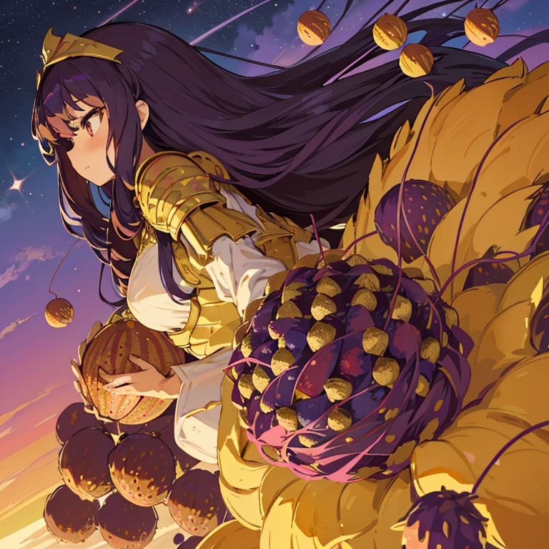 A girl with long afro hair flying low in the air covered in boiling large strawberry cake armor serving a large purple potato jam、Amazing dynamism、Amazing Angle、unstable buoyancy sandstorm、((Lots of friendly dried fruit spheres drifting and chasing in close clusters))、(surround each other every third'serpent ball)、