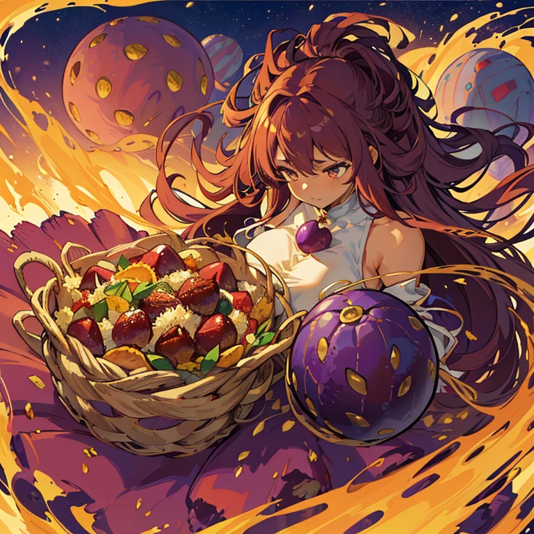 A girl with long afro hair flying low in the air covered in boiling large strawberry cake armor serving a large purple potato jam、Amazing dynamism、Amazing Angle、unstable buoyancy sandstorm、((Lots of friendly dried fruit spheres drifting and chasing in close clusters))、(surround each other every third&#39;serpent ball)、