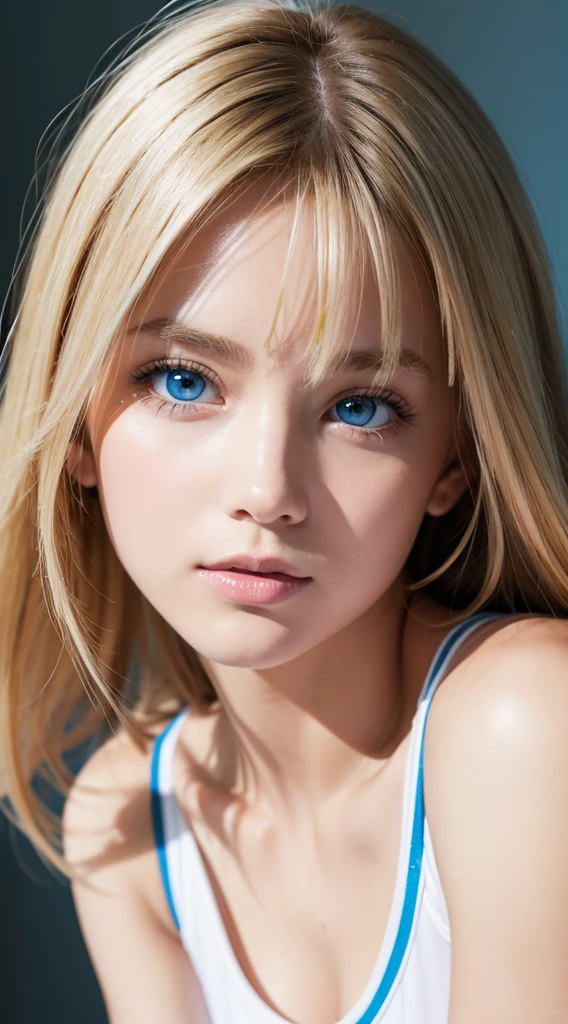 Beautiful blonde 18 year old American supermodel, Dancewear, Sporty, Looking at Viewer, Slender figure, Beautiful Blonde Girl, bangs between the eyes、Detailed face, realistic light blue eyes, Detailed bright glowing light blue eyes, very big eyes、Point the camera straight, FUJI XT3、Round face、Small face beauty、cheek gloss highlight、