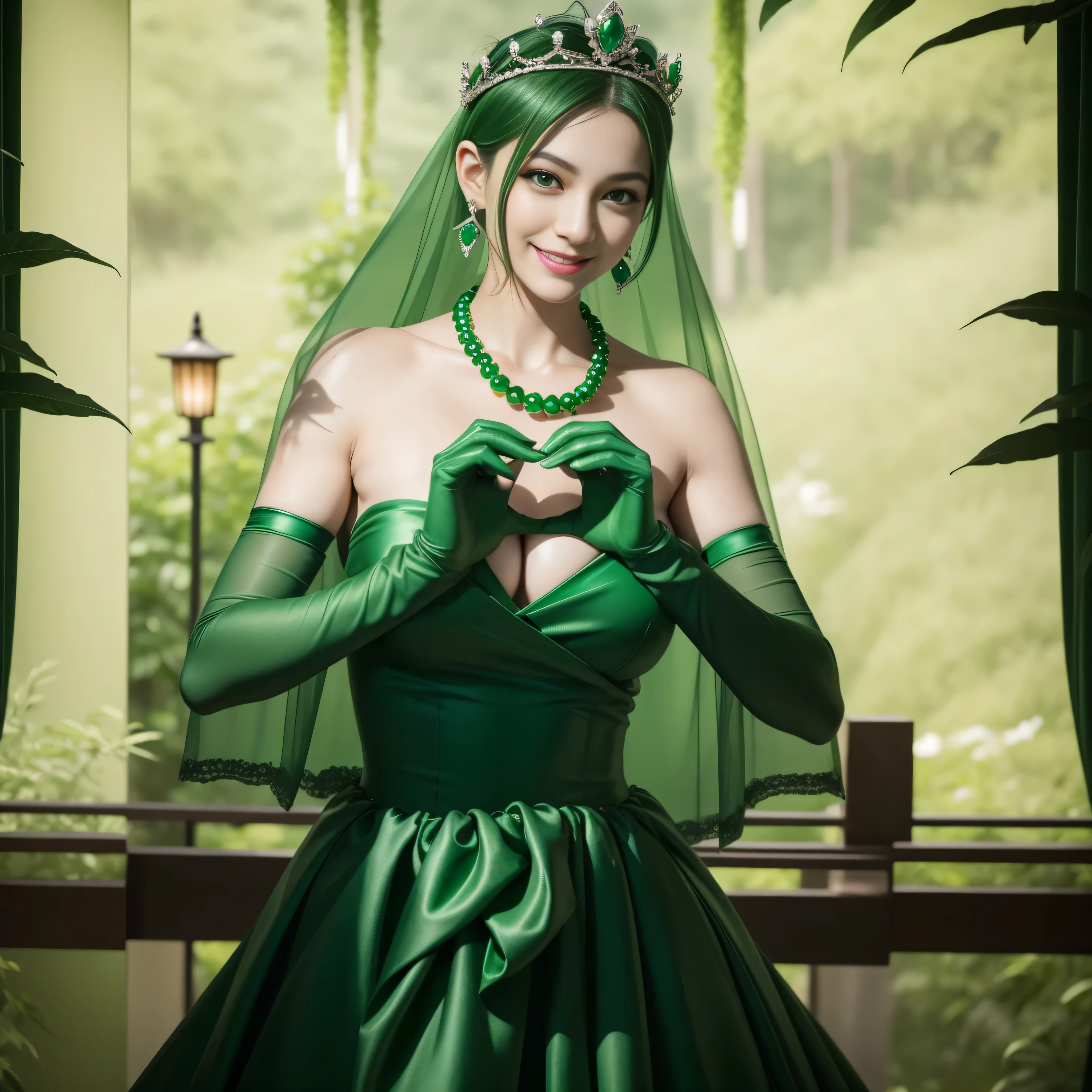 emerald tiara, Green Pearl Necklace, Boyish very short green hair, lipsticks, Japan woman smiling, very short short hair, big breasts beautiful, Green eyes, Long green gloves made of satin material, Green eyes, Emerald Earrings, green vale, Heart with both hands