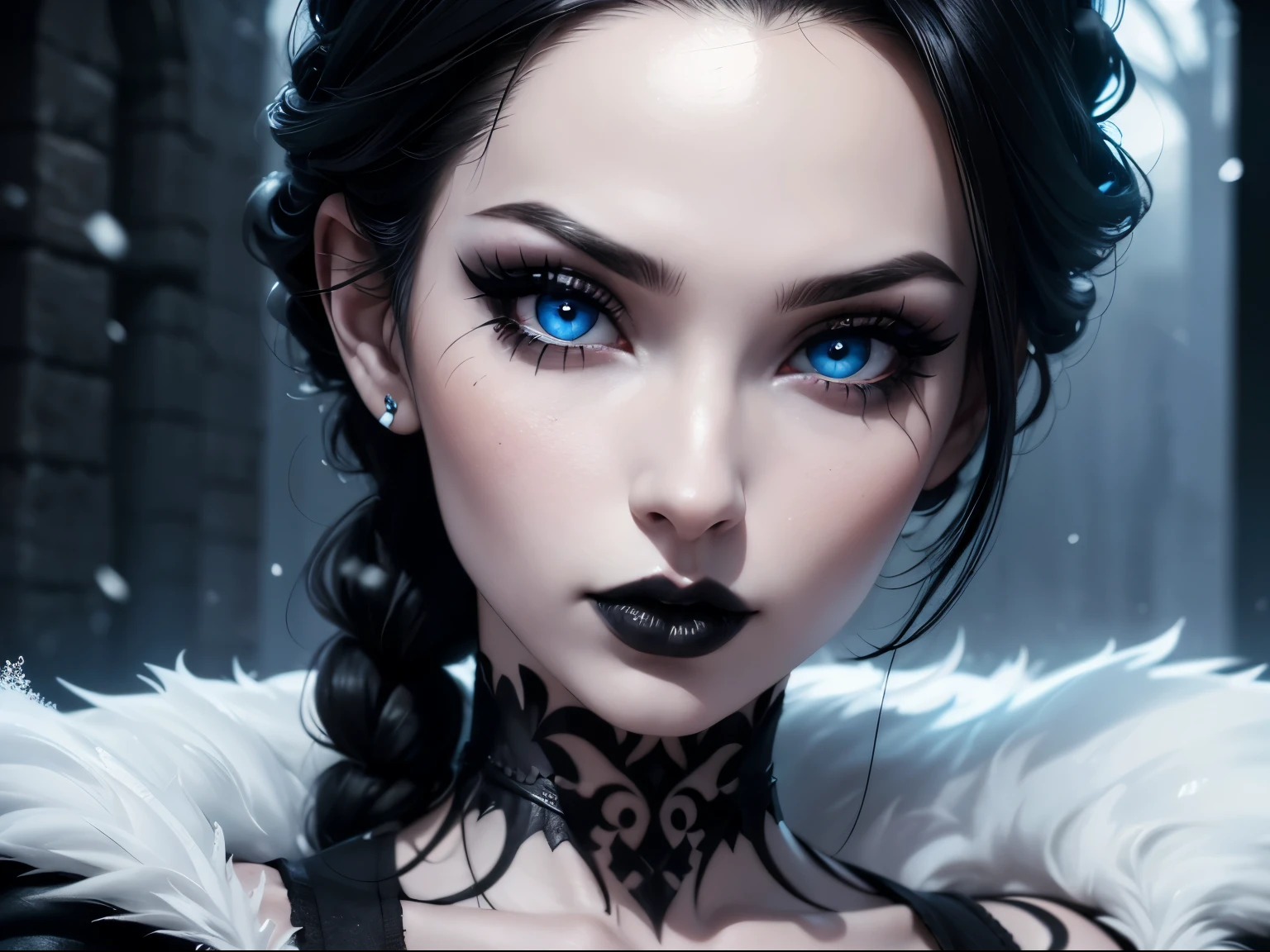 (best quality, hyperdetailed photography:1.2), beautiful lady, freckles, ((blue eyes)),dark makeup, soft light, head and breast portrait, cover, (detailed beautiful face, detail skin texture, ultra-detailed body:1.1) ((sexy vampire girl)), ((vampire))