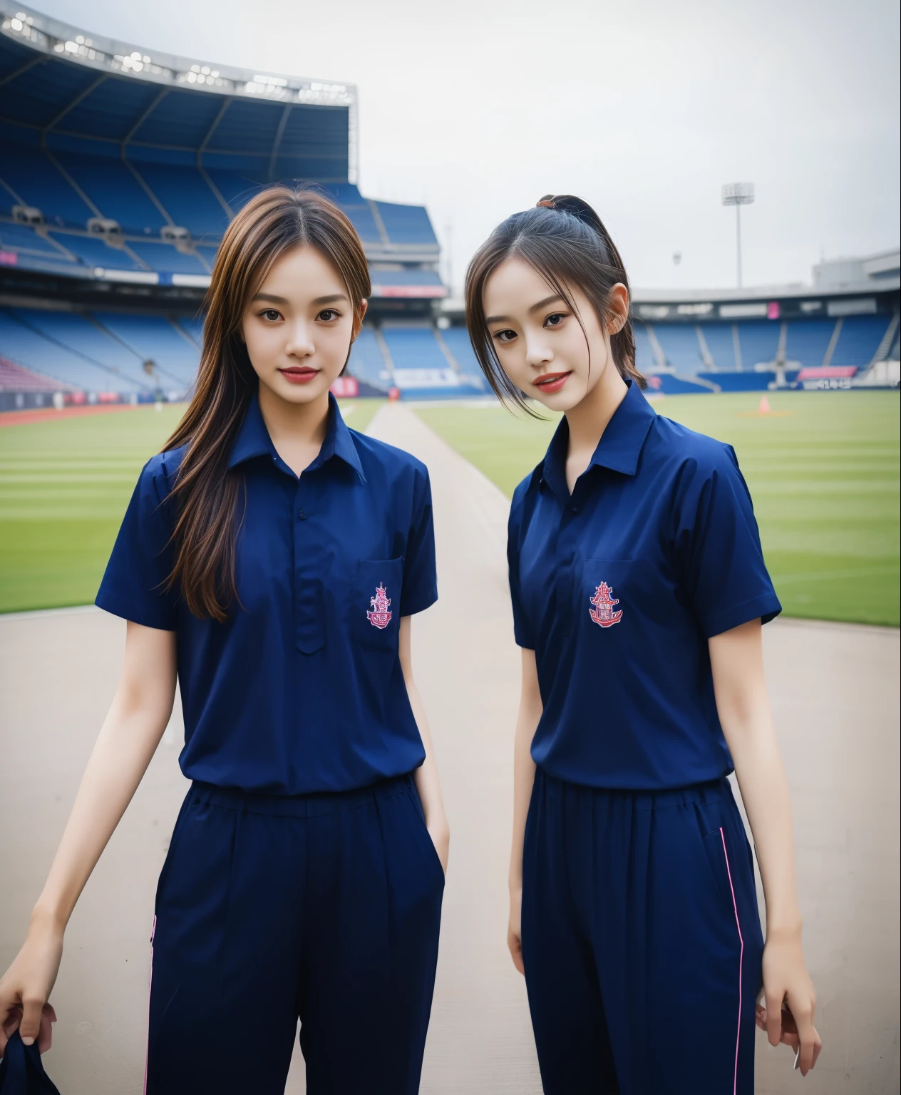 (bestquality,10,10,highres,masterpiece:1.2),ultra-detail,(Realistic,ภาพRealistic,photo-realistic:1.37),1 Cute girl in the football field,oily shiny skin,bara,light smile,BDclothelue shirt:1.3)),short sleeves,shirt, trousers.,(navy_long_ติดตามtrousers:1.1), ((Stadium Background:1.3)),dynamic angle,excited,face focus,Dynamic Poses,from behide,Ass Focus,masterpiece, bestquality, ultra realistic, hyper-detail, 8k resolution, RAW photo, crisp focus, ((Navy blue shirt:1.1)), short sleeves, เส้นทางlong, Complete bodyแบบ, 2 mature women, 18yo, cinematic light,trousersวอร์มสีน้ําเงิน,Gymware,Correct anatomy,Complete body, Correct body, sharp face, Correct bodyทางกายวิภาค, full entire body, Realistic gestures, long-haired, Realistic poses,Wear long shorts..............................,ช่วงขาlong,Shapely,Sculpting Girl, Slender Figure, mannequin mannequins, Shapely, Beautiful body,trousersวอร์มสีน้ําเงิน, Two girls kissing