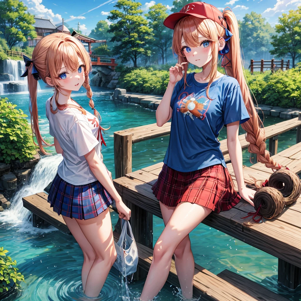 Red-blonde、Blue hair、blue eyess、Braids、poneyTail、one good looking girl、独奏、animesque、Plaid miniskirt、Black T-shirt、camisole、the woods、Walking、Wearing a plaid baseball cap、bare-legged、Tilting your face、log bridge、Doing the ribbon、have a twig、falls、Blue Topaz、Sunset sky、Wearing headphones、Stone bridge、falls壺、Waterwheel、Small fish are swimming