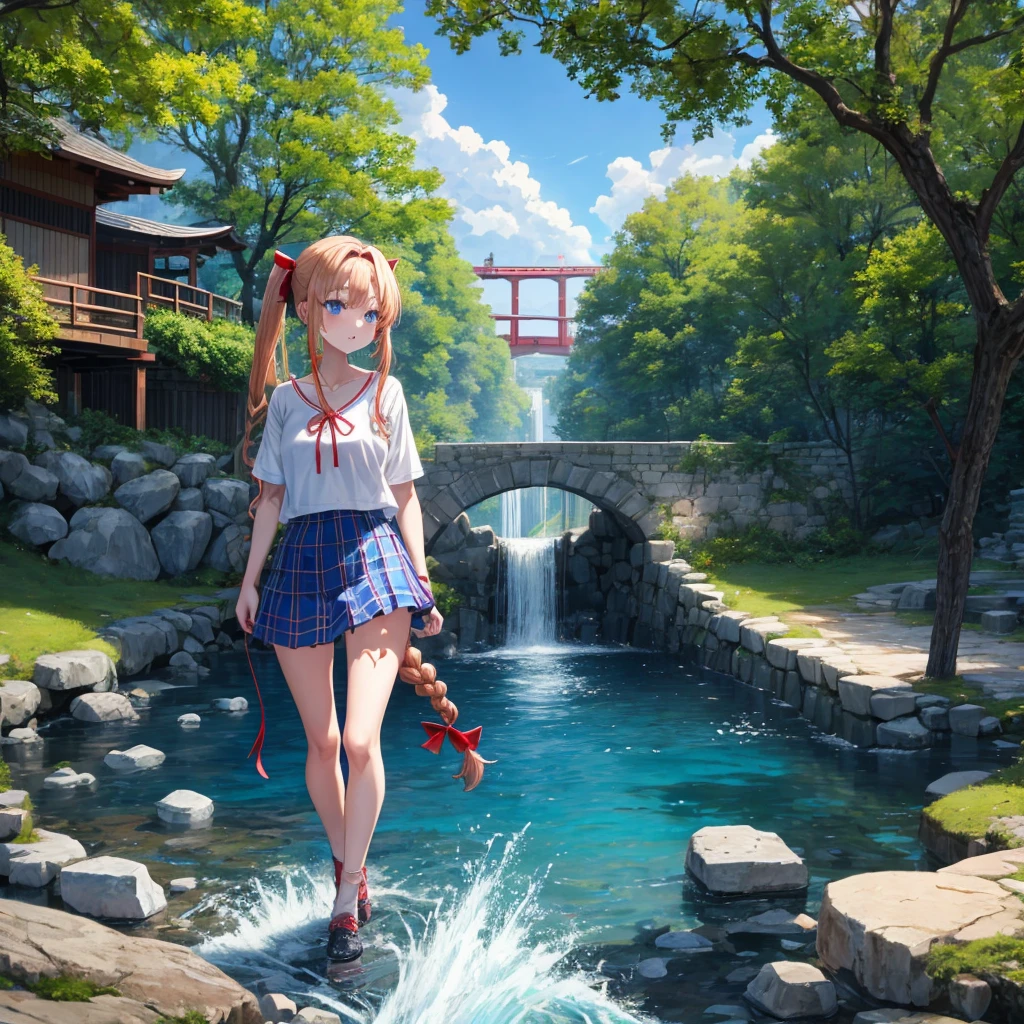 Red-blonde、Blue hair、blue eyess、Braids、poneyTail、one good looking girl、独奏、animesque、Plaid miniskirt、Black T-shirt、camisole、the woods、Walking、Wearing a plaid baseball cap、bare-legged、Tilting your face、log bridge、Doing the ribbon、have a twig、falls、Blue Topaz、Sunset sky、Wearing headphones、Stone bridge、falls壺、Waterwheel、Small fish are swimming