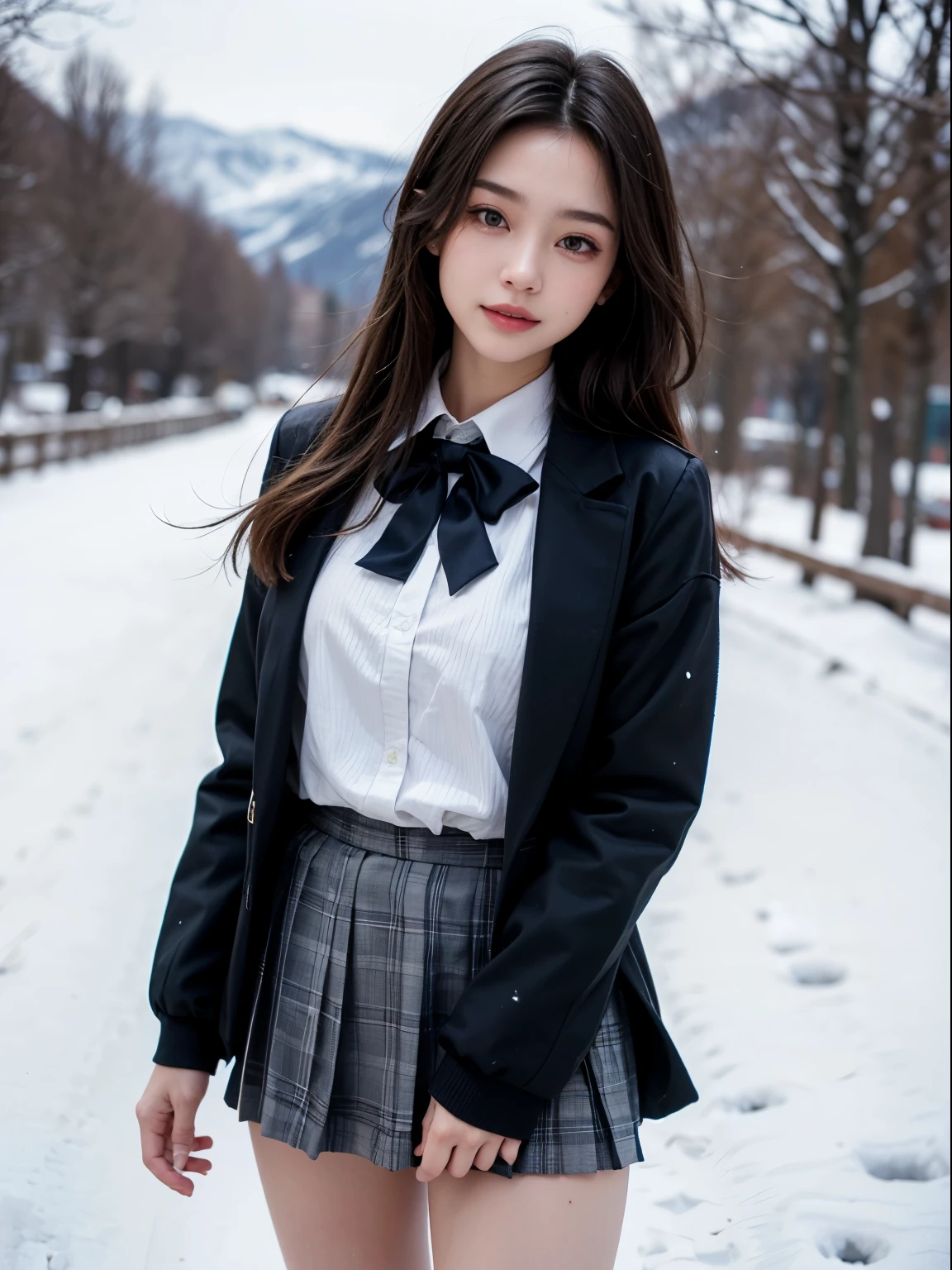 ((Best Quality)), (hyper realisitic),((high-level image quality)),(Perfect face),(a beauty girl),a miniskirt,(snow field),a river,masuter piece,high-school uniform,smil