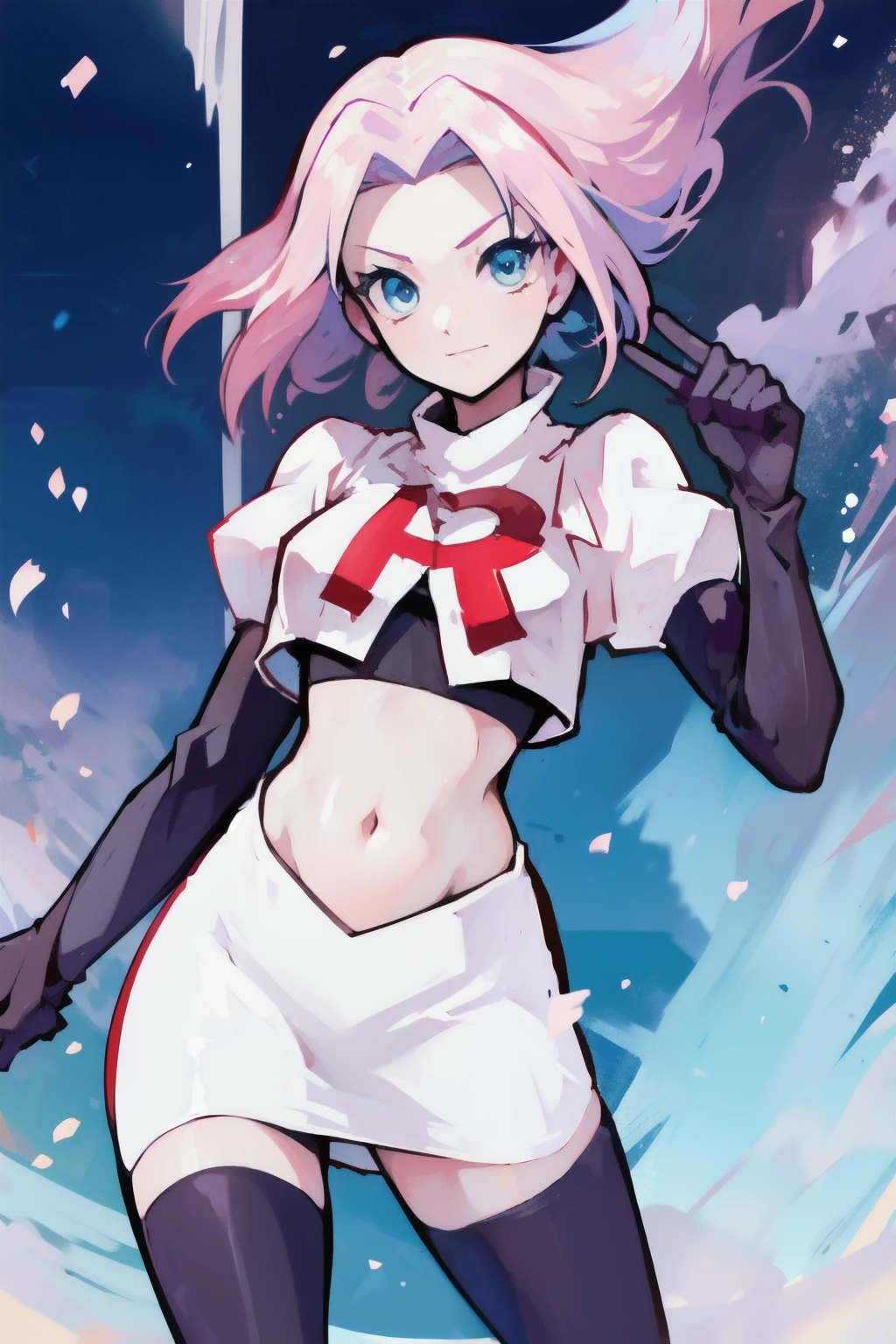 haruno sakura ,rocket,team rocket uniform, red letter R, white skirt,white crop top,black thigh-high boots,black elbow gloves,