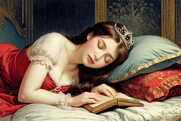 “Sleeping Beauty”, Grimm Fairy Tales, (((etching illustration, storybook illustration))), beautiful princess, (((sleeping on bed, sleeping for a long time))), (((small bust, narrow waist))), (((wearing night gown, tiara))), (((victorian art style, art by John Tenniel)))