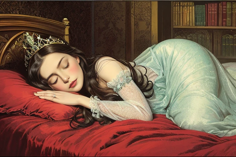 “Sleeping Beauty”, Grimm Fairy Tales, (((etching illustration, storybook illustration))), beautiful princess, (((sleeping on bed, sleeping for a long time))), (((small bust, narrow waist))), (((wearing night gown, tiara))), (((victorian art style, art by John Tenniel)))