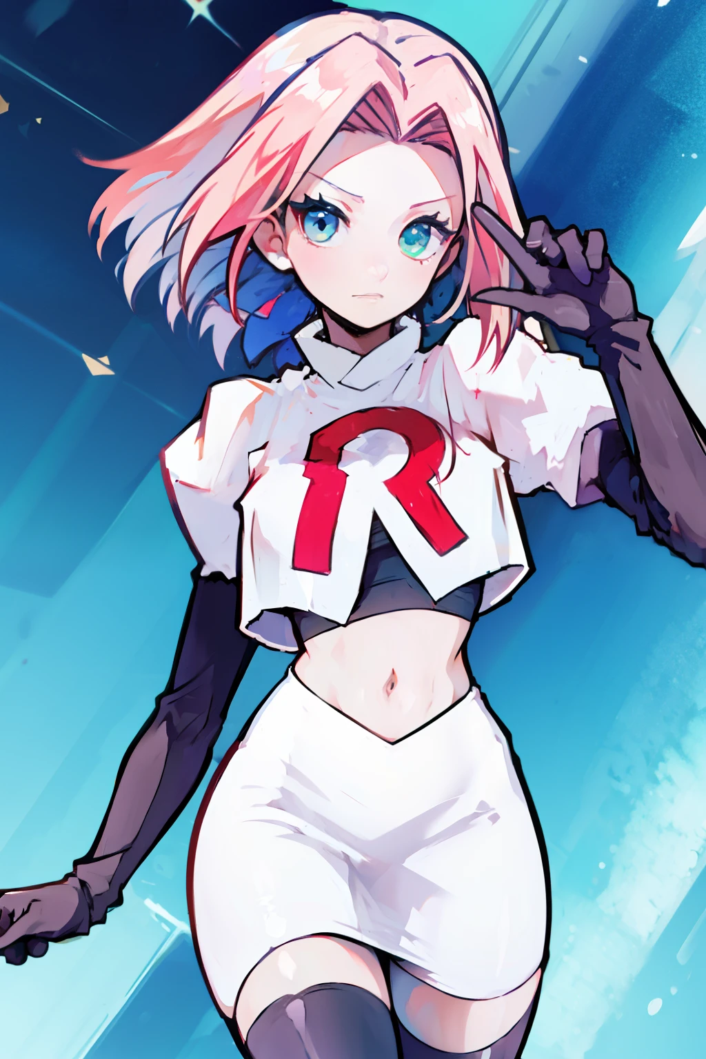 haruno sakura ,rocket,team rocket uniform, red letter R, white skirt,white crop top,black thigh-high boots,black elbow gloves,