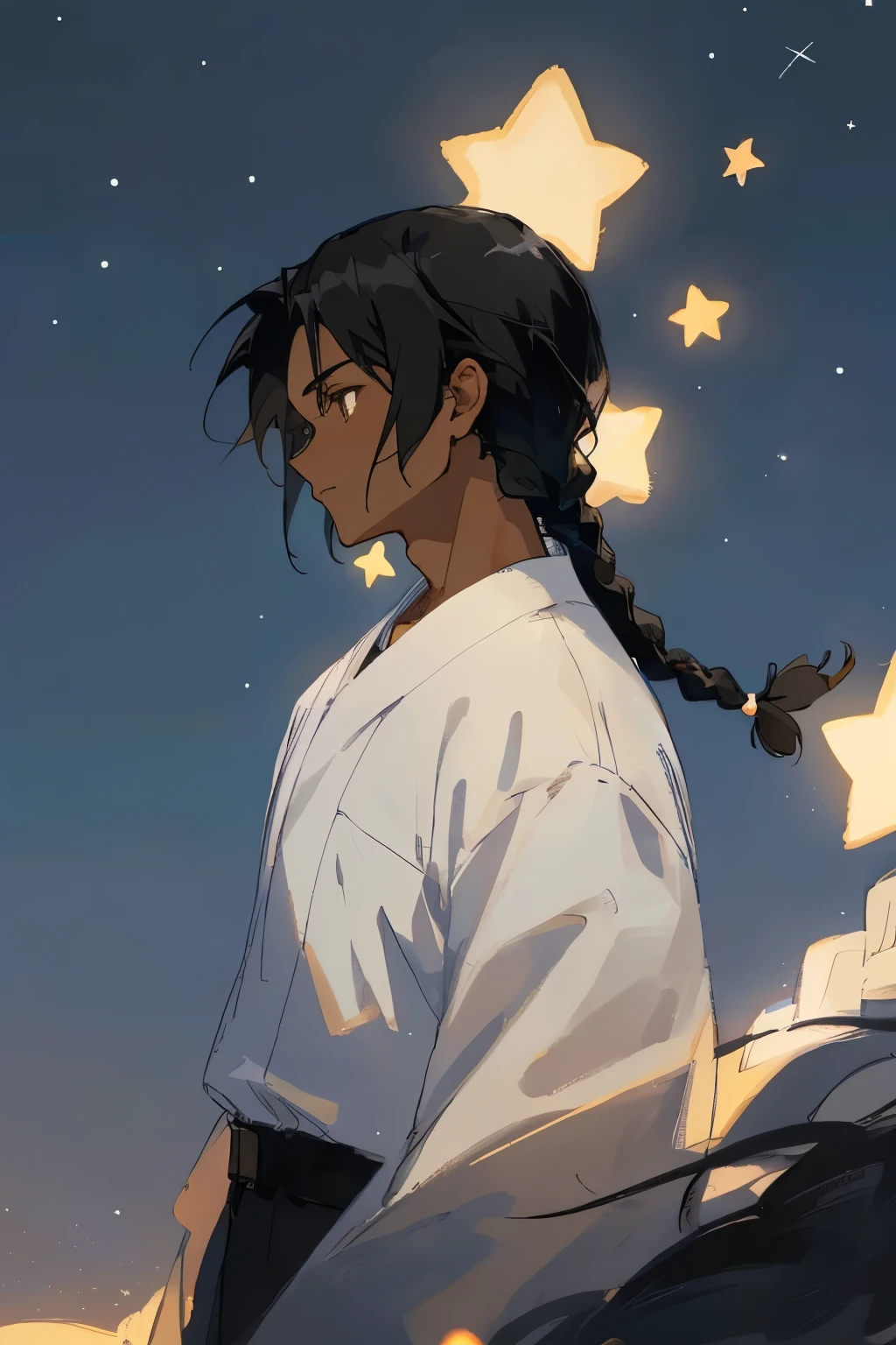masterpiece, detailed eyes, 1man, ((mature)), masculine, dark skin, (long single braid), black hair texture, brown eyes, glittering shirt, (profile), from side, ((close up)), twinkling, small stars, night background