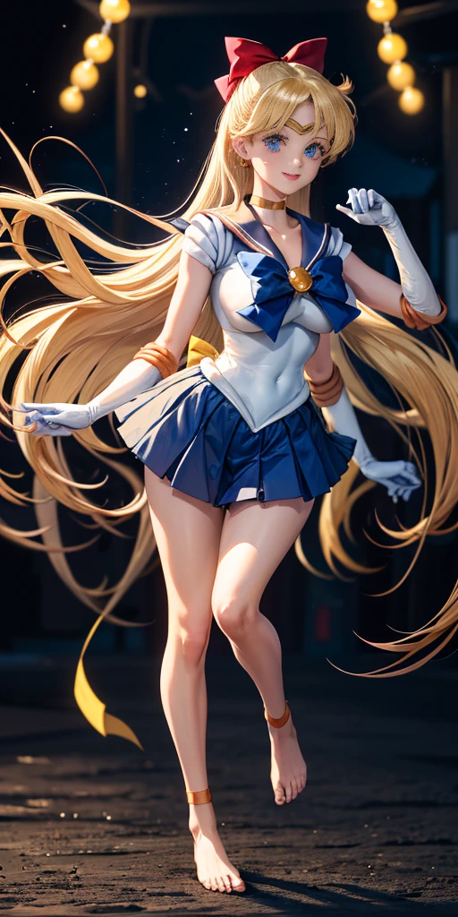 masterpiece, best quality, full body, barefoot, solo, female, big breast, masterpiece, best quality, highres, venus1, 1girl, solo, sailor senshi uniform, sailor venus, aino minako, blonde hair, magical girl, blue eyes, orange skirt, elbow gloves, tiara, pleated skirt, hair bow, orange sailor collar, miniskirt, choker, red bow, orange choker, white gloves, very long hair, jewelry, earrings, cowboy shot, smile,