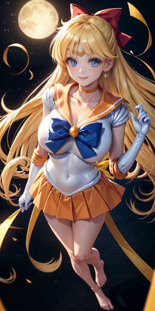 masterpiece, best quality, full body, barefoot, solo, female, big breast, masterpiece, best quality, highres, venus1, 1girl, solo, sailor senshi uniform, sailor venus, aino minako, blonde hair, magical girl, blue eyes, orange skirt, elbow gloves, tiara, pleated skirt, hair bow, orange sailor collar, miniskirt, choker, red bow, orange choker, white gloves, very long hair, jewelry, earrings, cowboy shot, smile,