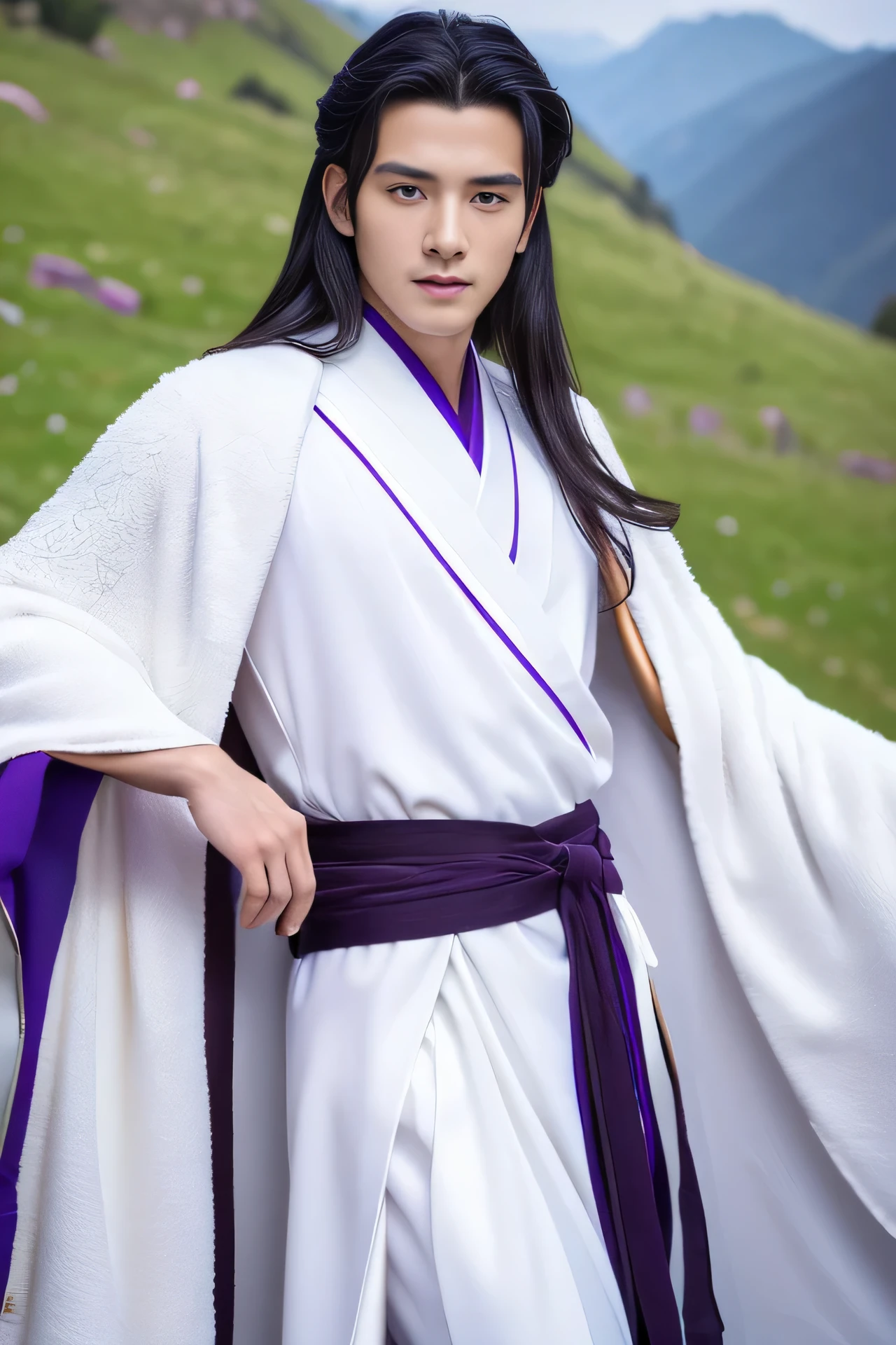 Best quality, masterpiece, ultra high res, (photorealistic:1.4), detailed face, detailed eyes, raw photo, young handsome male, black hair, (full body), perfect face, perfect eyes, (mountain background:1.2), wearing white long chinese style clothes, (long white cape), (robe), purple waistband, ((messy long hair))