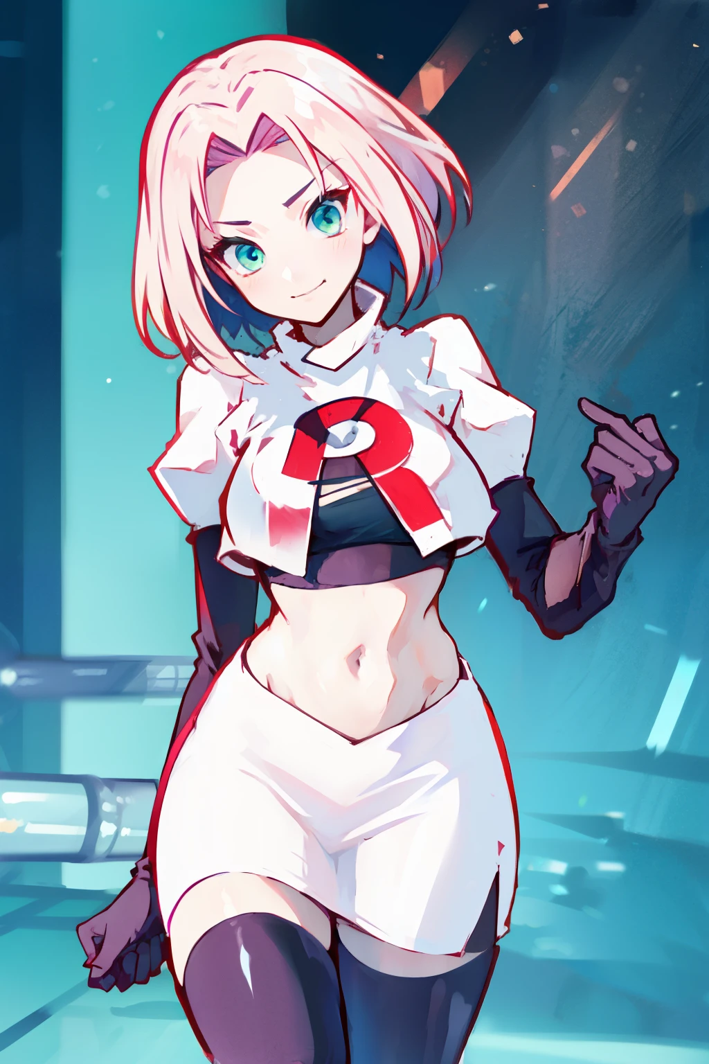 haruno sakura ,rocket,team rocket uniform, red letter R, white skirt,white crop top,black thigh-high boots,black elbow gloves,