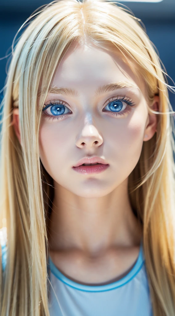 Beautiful blonde 18 year old American supermodel,  Dancewear, Sporty, Looking at Viewer, Slender figure, Beautiful Blonde Girl, bangs between the eyes、Detailed face, realistic light blue eyes, Detailed bright glowing light blue eyes, very big eyes、Point the camera straight, FUJI XT3、Round face、Small face beauty、cheek gloss highlight、