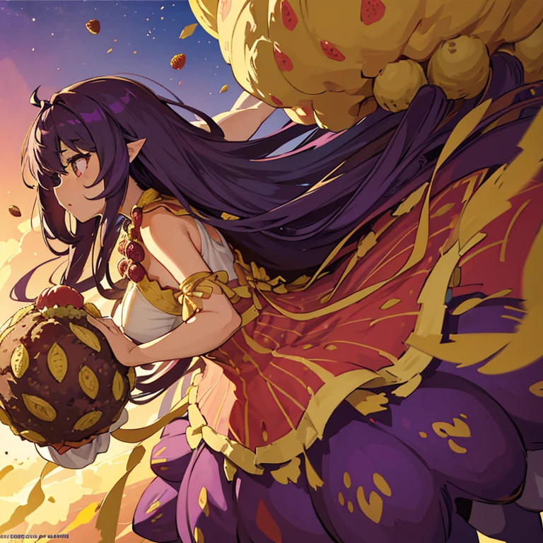 A girl with long afro hair flying low in the air covered in boiling large strawberry cake armor serving a large purple potato jam、Amazing dynamism、Amazing Angle、unstable buoyancy sandstorm、((Lots of friendly dried fruit spheres falling in close clusters to chase))、(surround each other'serpent ball)、