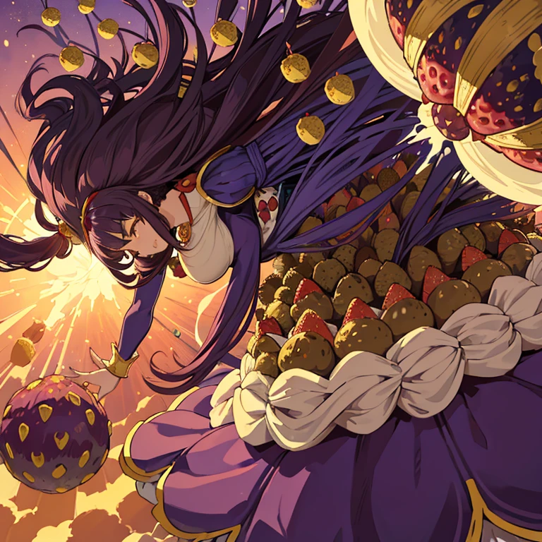 A girl with long afro hair flying low in the air covered in boiling large strawberry cake armor serving a large purple potato jam、Amazing dynamism、Amazing Angle、unstable buoyancy sandstorm、((Lots of friendly dried fruit spheres falling in close clusters to chase))、(surround each other'serpent ball)、