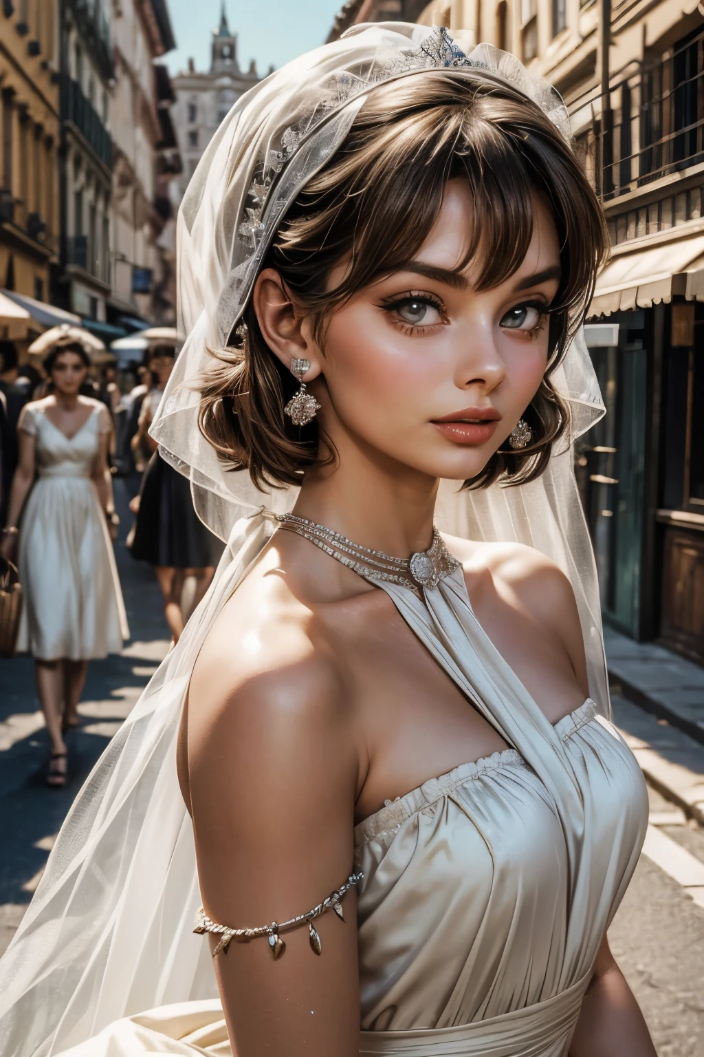 arafed woman in a dress holding a large piece of cloth, by Stan Galli, young sophia loren, vintage movie shot, 1956, brigitte bardot, 1 9 5 6, 1955, 1 9 5 5, photo 1960, young audrey hepburn, gorgeous female audrey hepburn, grace kelly, wearing a tutu
