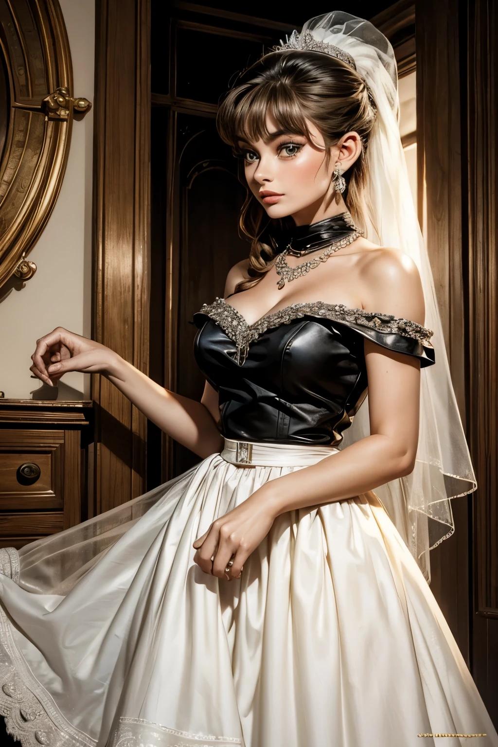 arafed woman in a dress holding a large piece of cloth, by Stan Galli, young sophia loren, vintage movie shot, 1956, brigitte bardot, 1 9 5 6, 1955, 1 9 5 5, photo 1960, young audrey hepburn, gorgeous female audrey hepburn, grace kelly, wearing a tutu