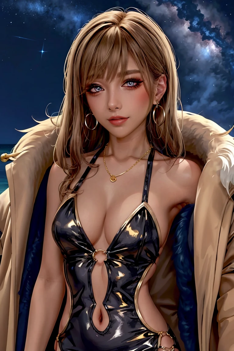 1girl, solo, golden, bodycon, microdress, necklace, earring, navel, face focus, fur coat, face focus, night sky, beach
