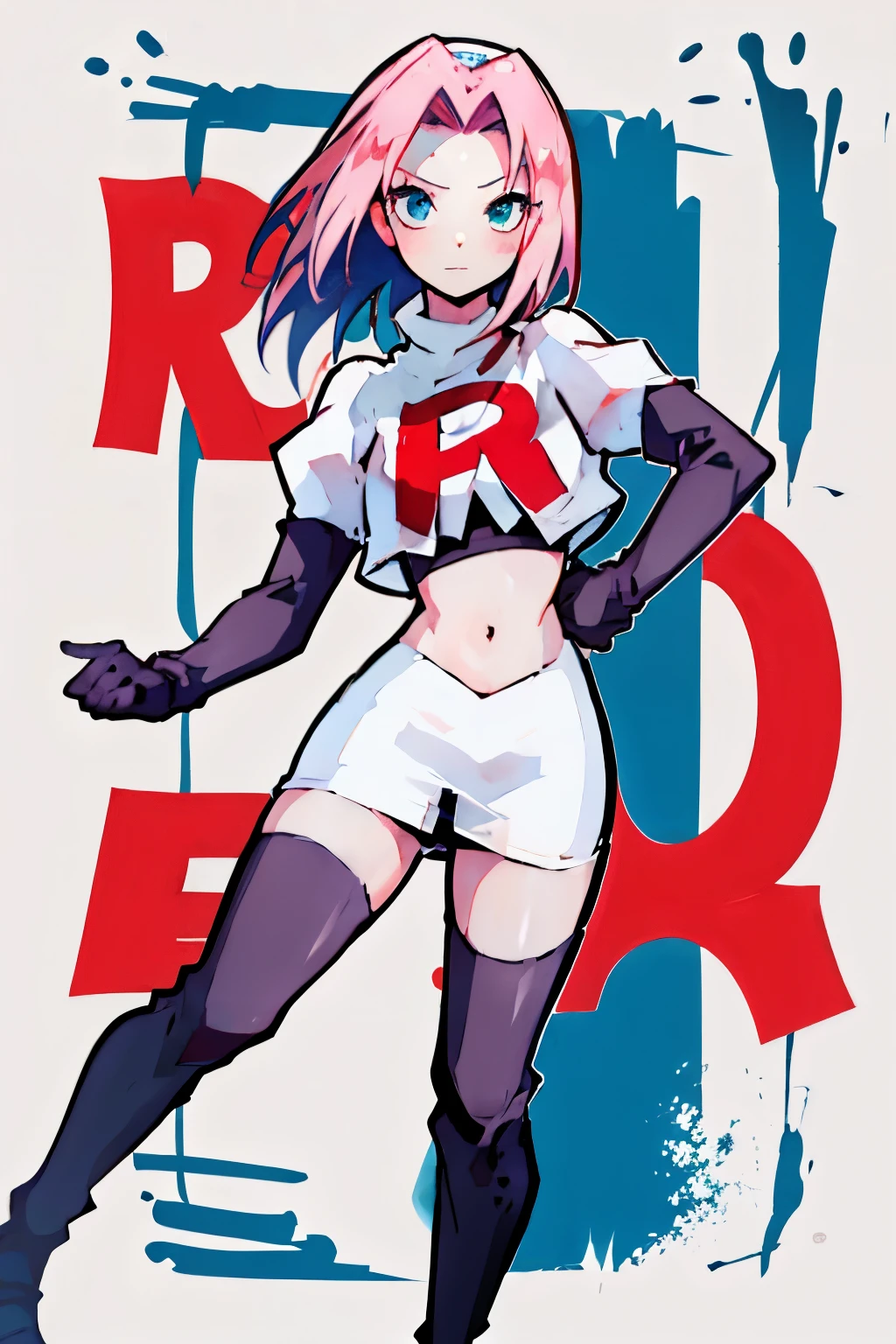 haruno sakura ,rocket,team rocket uniform, red letter R, white skirt,white crop top,black thigh-high boots,black elbow gloves,