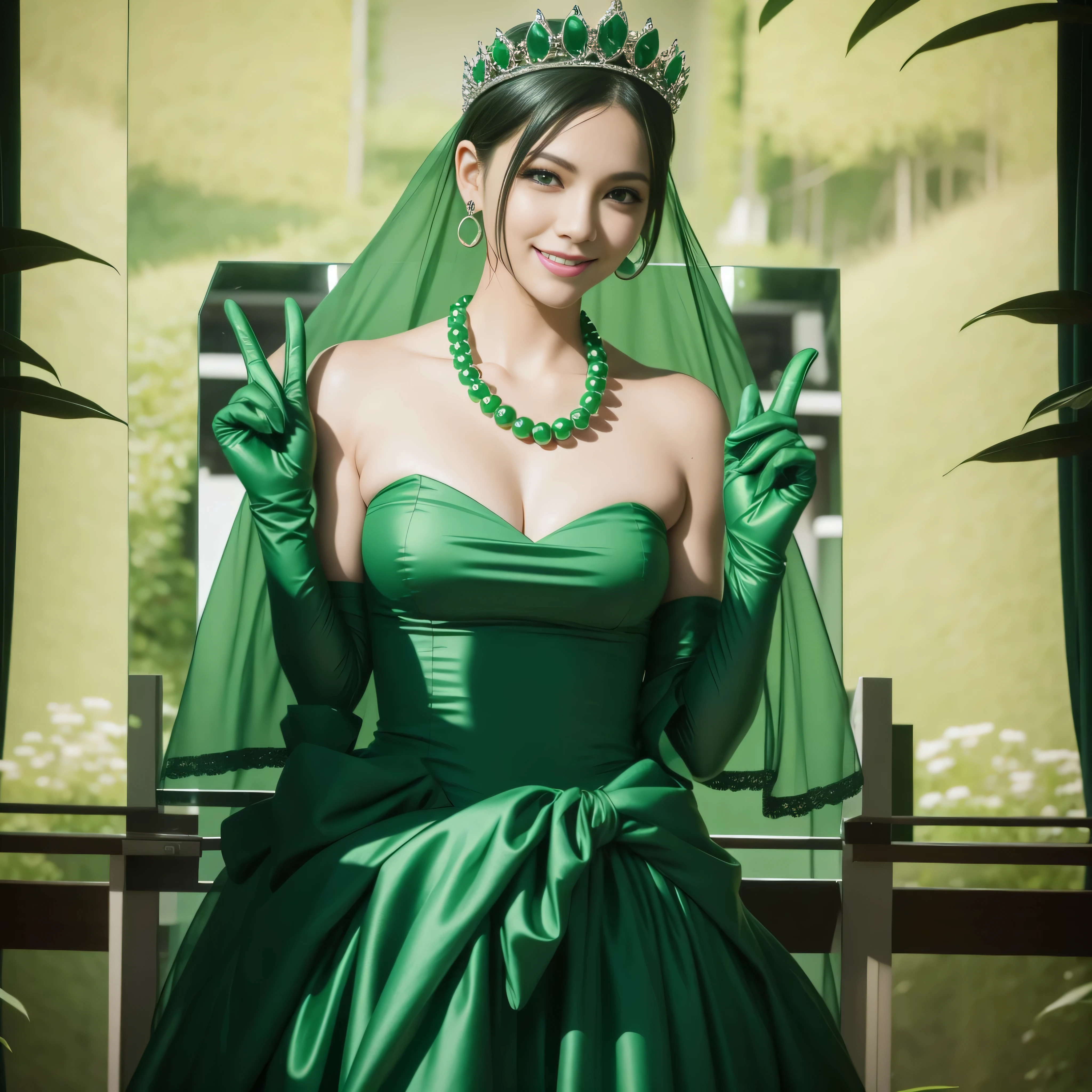 emerald tiara, Green Pearl Necklace, Boyish very short green hair, lipsticks, Japan woman smiling, very short short hair, big breasts beautiful, Green eyes, Long green gloves made of satin material, Green eyes, Emerald Earrings, green vale, v sign