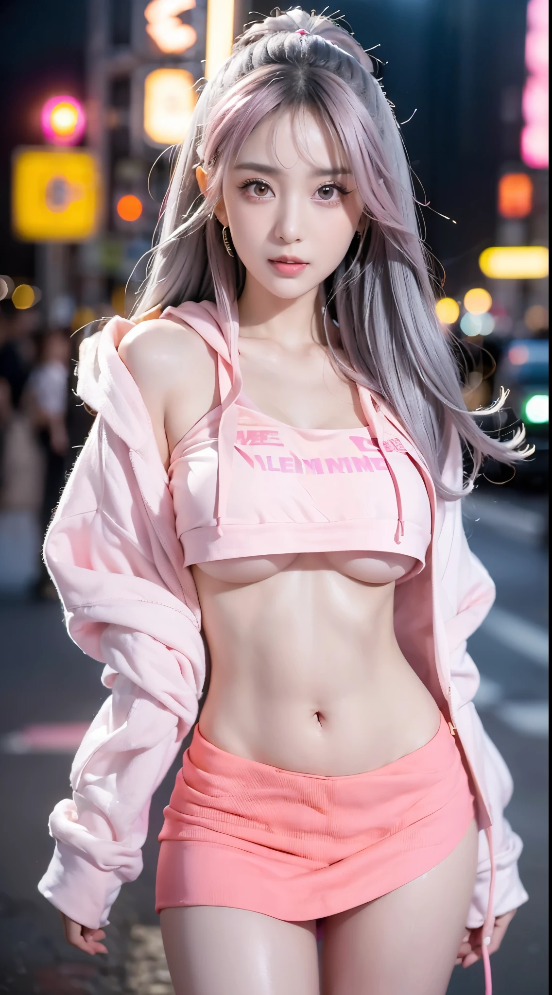 girl, (Lower bust:1.4),Large breasts droop、(ssmile:1.5)，Colored inner hair,Long gray hair:1.5,Long unkempt hair:1.35,cabelos preto e longos,Complex hairstyles,(((neon_Pink_There are eyes:1.3))),complex eyes,Beautiful and delicate eyes,symetric eye)),(spider lower abdomen,Willow waist,Wide hips,athletic body build,inflatable legs,Detailed body), Cute big breasts,'s,((((cropped hoodie,)))),(((Superskirt))) (dynamicposes:1.0),Just focus,embarressed,(Located in the center,Scale to fit the dimensions,the rule of thirds), Neon lights are particularly eye-catching, very bright neon light,during night, star night, kosmos, artsy photography,(Photos taken by sldr),A high resolution, Focus sharp, ((8k，​masterpiece，Master works，Detailed details)),((the street)),(((vibrant with colors))),