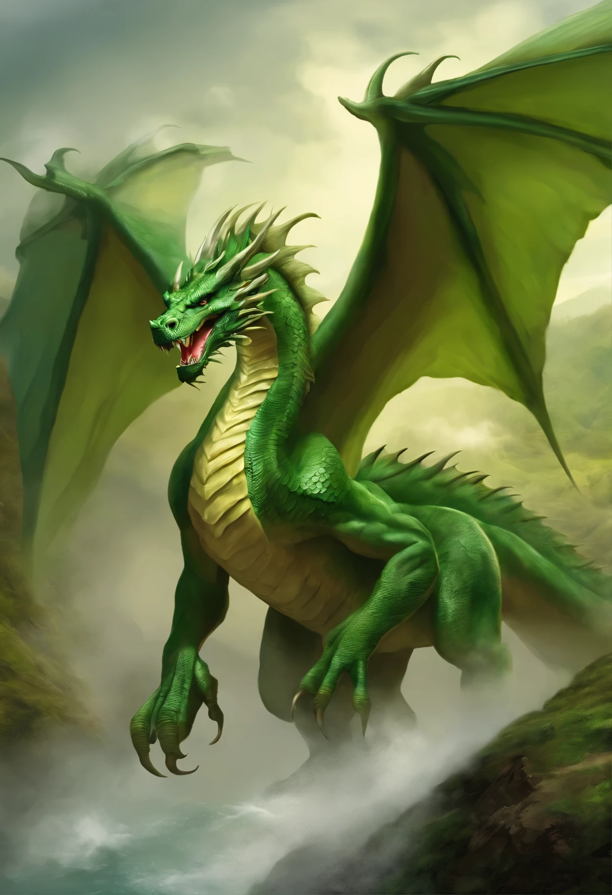 Painting of a huge green dragon, Running with the wind, gorgeous digital painting, airbrush digital oil painting, beautiful digital painting, inspired by John Frederick Herring, Senior., inspired by John Frederick Herring, Jr., Stunning digital painting, Beautiful green dragon, Beautiful predatory dragon, Digital painting in HD format, high quality digital painting, Flowing mane, Epic oil painting, Beautiful picture of high