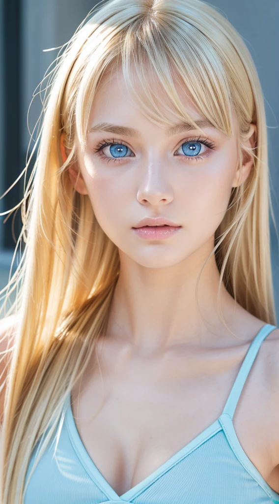 Beautiful blonde 18 year old American supermodel,  Dancewear, Sporty, Looking at Viewer, Slender figure, Beautiful Blonde Girl, bangs between the eyes、Detailed face, realistic light blue eyes, Detailed bright glowing light blue eyes, very big eyes、Point the camera straight, FUJI XT3、Round face、Small face beauty、cheek gloss highlight、