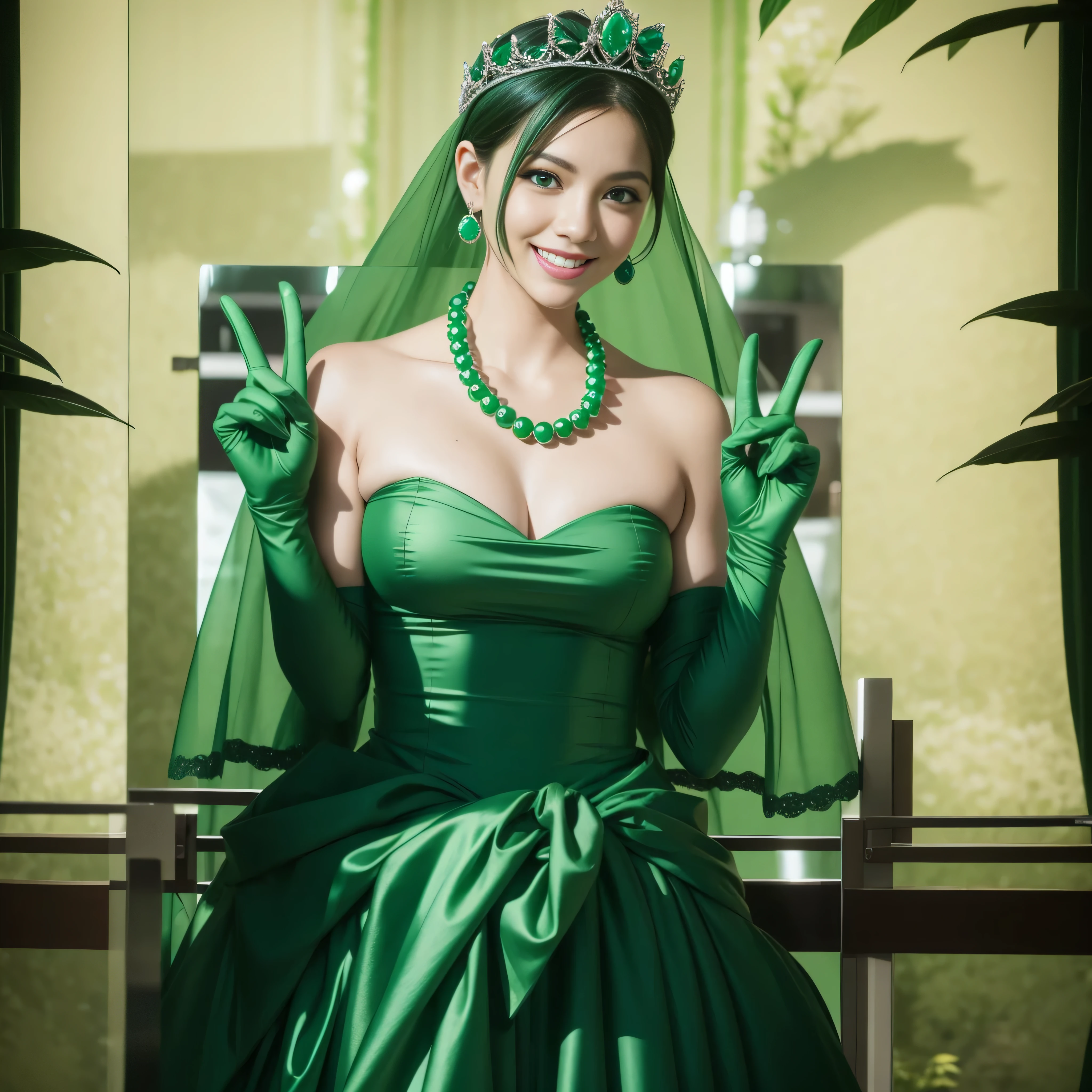 emerald tiara, Green Pearl Necklace, Boyish very short green hair, lipsticks, Japan woman smiling, very short short hair,  beautiful, Green eyes, Long green gloves made of satin material, Green eyes, Emerald Earrings, green vale, v sign