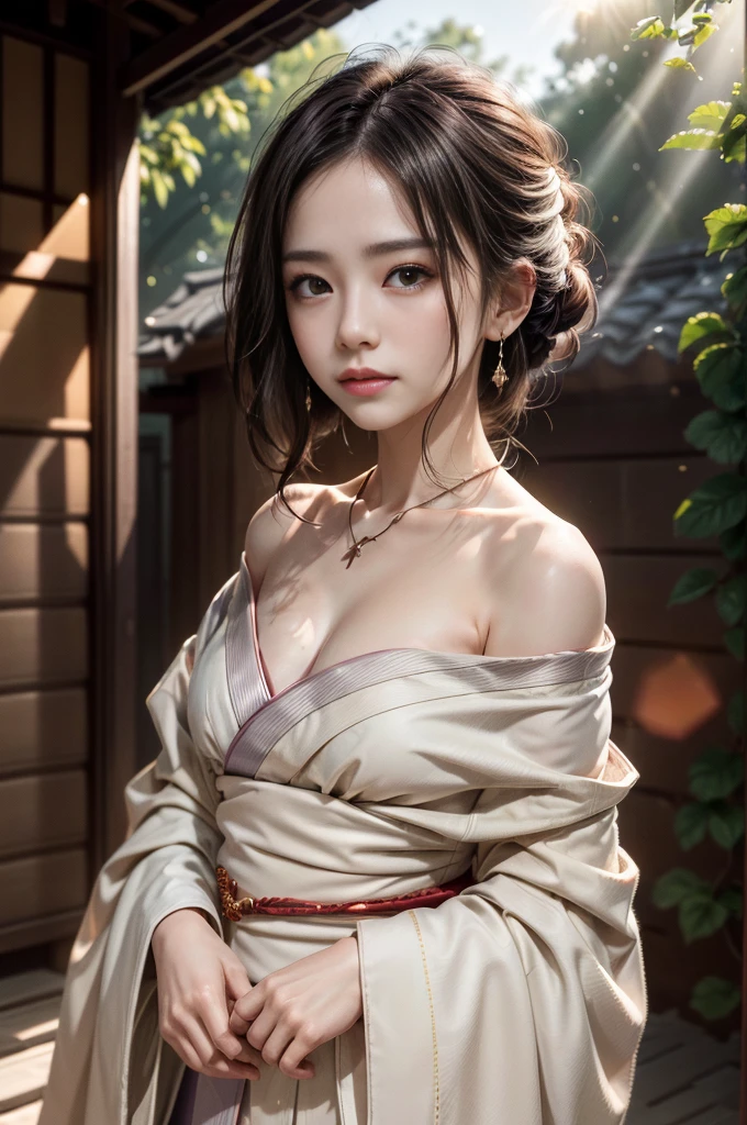 ((RAW shooting:1.5)), (Photoreal Stick:1.5, masutepiece:1.5, 8K), (top-quality, masterpiece, 超A high resolution), morning, Precincts of the shrine, ((fog the lens:1.4)), ((Shoot with blur:1.5)), ((sunrises, Sunlight coming in from behind:1.6, Strong sunlight spreads across the screen:1.6)), ((Strong sunlight shines on a woman:1.7)), ((The entire screen appears white and hazy due to strong sunlight.:1.8)), ((The woman looks blurry due to the strong sunlight:1.9)), Professional camera work:1.3, Highly detailed skin and facial texture:1.3, Grow Light Effect, The ultra-detailliert:1.3, 1girl in, Fair skin, (Sense of clarity:1.4, a small face), Extremely beautiful face:1.5, (Sense of clarityを感じる目:0.9, looking distantly), A smile:1.0, (Slightly open mouth:0.4, Sense of clarityを感じる口当たり:0.7), 二重まぶた, Dark brown medium hair, necklace and earrings, (Wearing Kimono Correctly Off Shoulder)