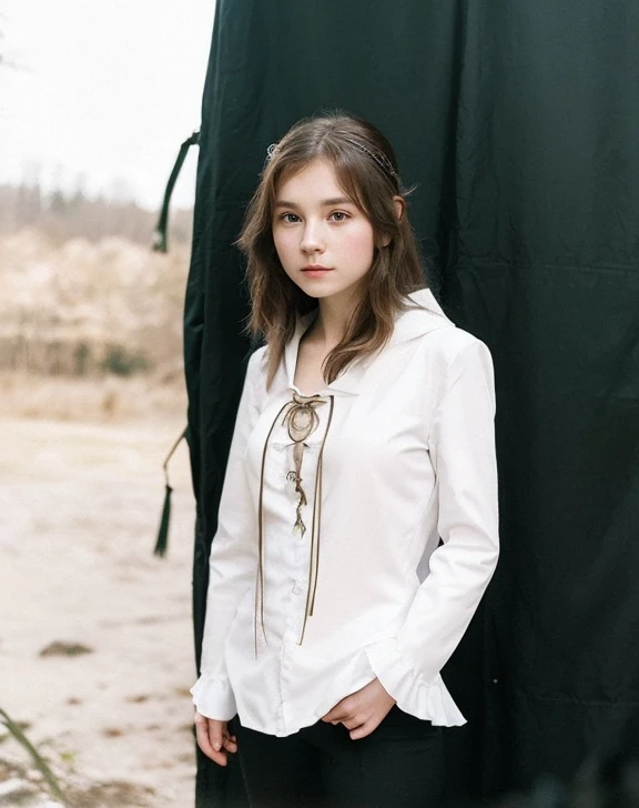 12 year old Ukrainian girl - dressed in royal costume, Fantasy,in 8K ,真实感, Photo , hight resolution, real looking skin, No cosmetics, To the girl : diadems, Sophisticated appearance,  Plump body, Pale skin with fair skin, elf,In clothes, fentezi, mystical forest、Thin leg、