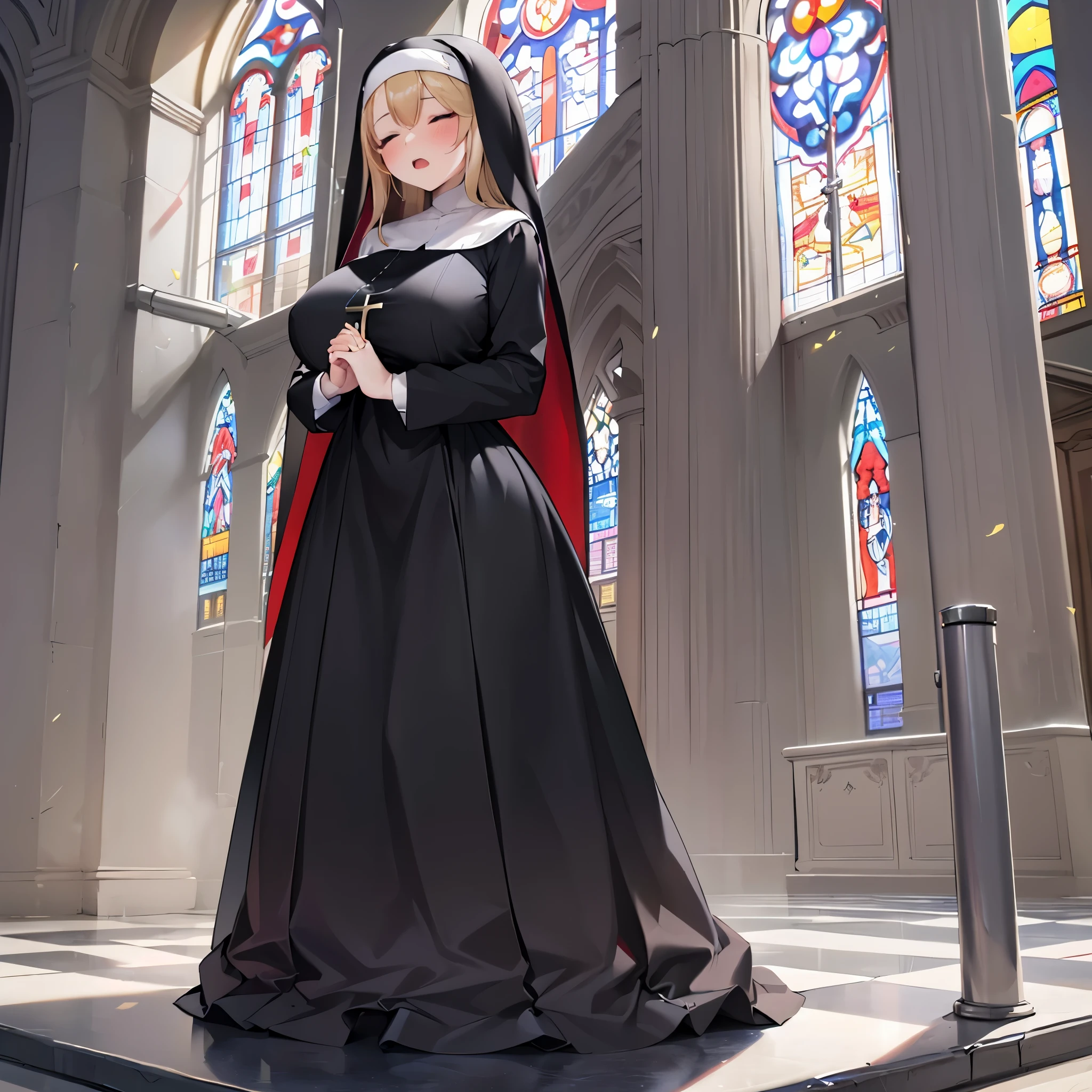 (solo 1 praying nun:1.2) standing in church, praying with holding hands together over chest, very thin, (black sheer dress:1.4), (huge breasts:1.2), (black sheer long skirt:1.3), inconceivably thin waist, closing eyes, nose blush, open mouth, (heavy breathing:1.2), stained glass, full body, 8k