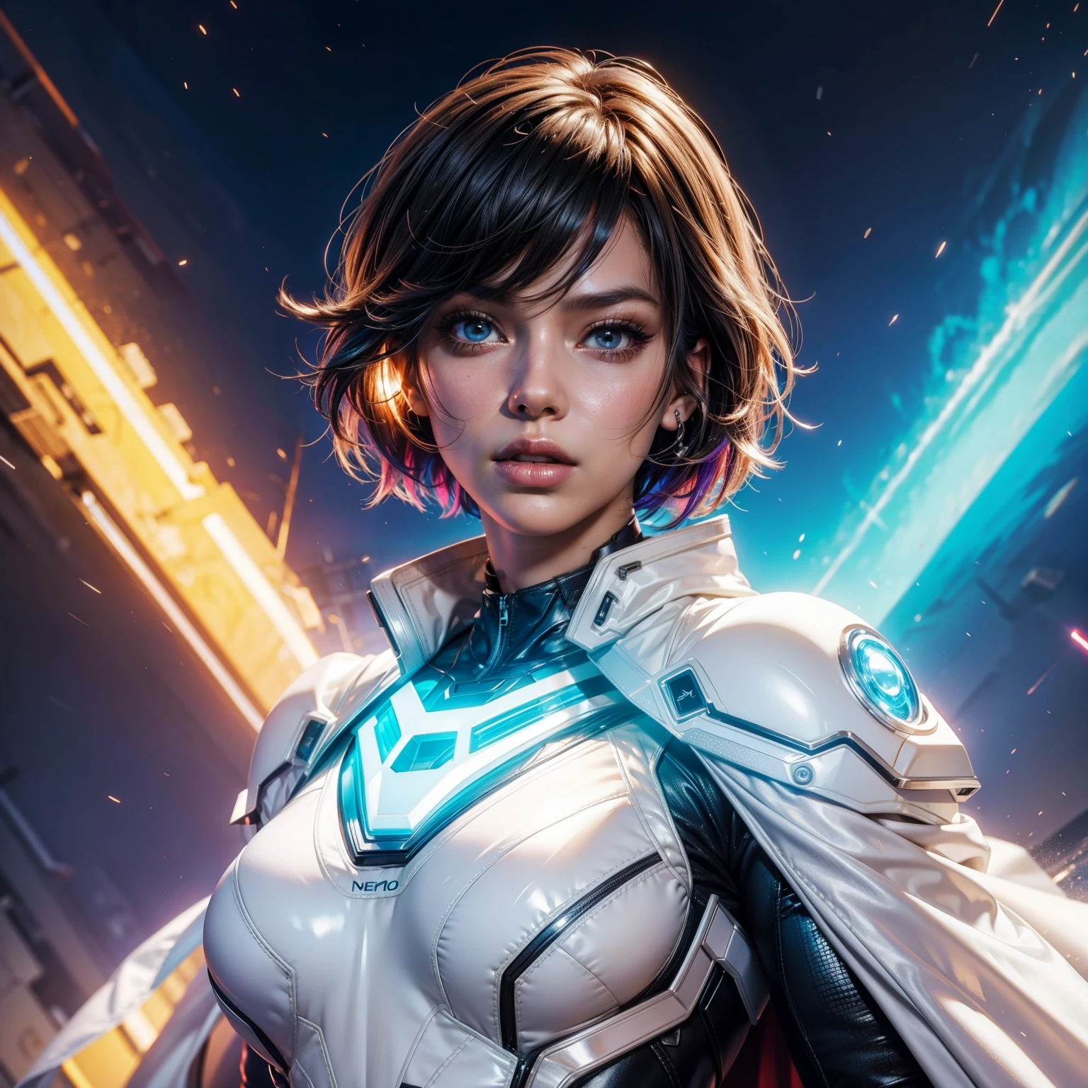 Bust to waist ((perfect face)) perfect skin, hyperrealistic masterpiece, Superheroine woman ((fringe glowing colorful)) in extremely complex & superdetailed tight plugsuit ((with white cape)), sharp focus, cinematic illumination: 8k, (((neos-cyberpunkcore aesthetic style::1)))