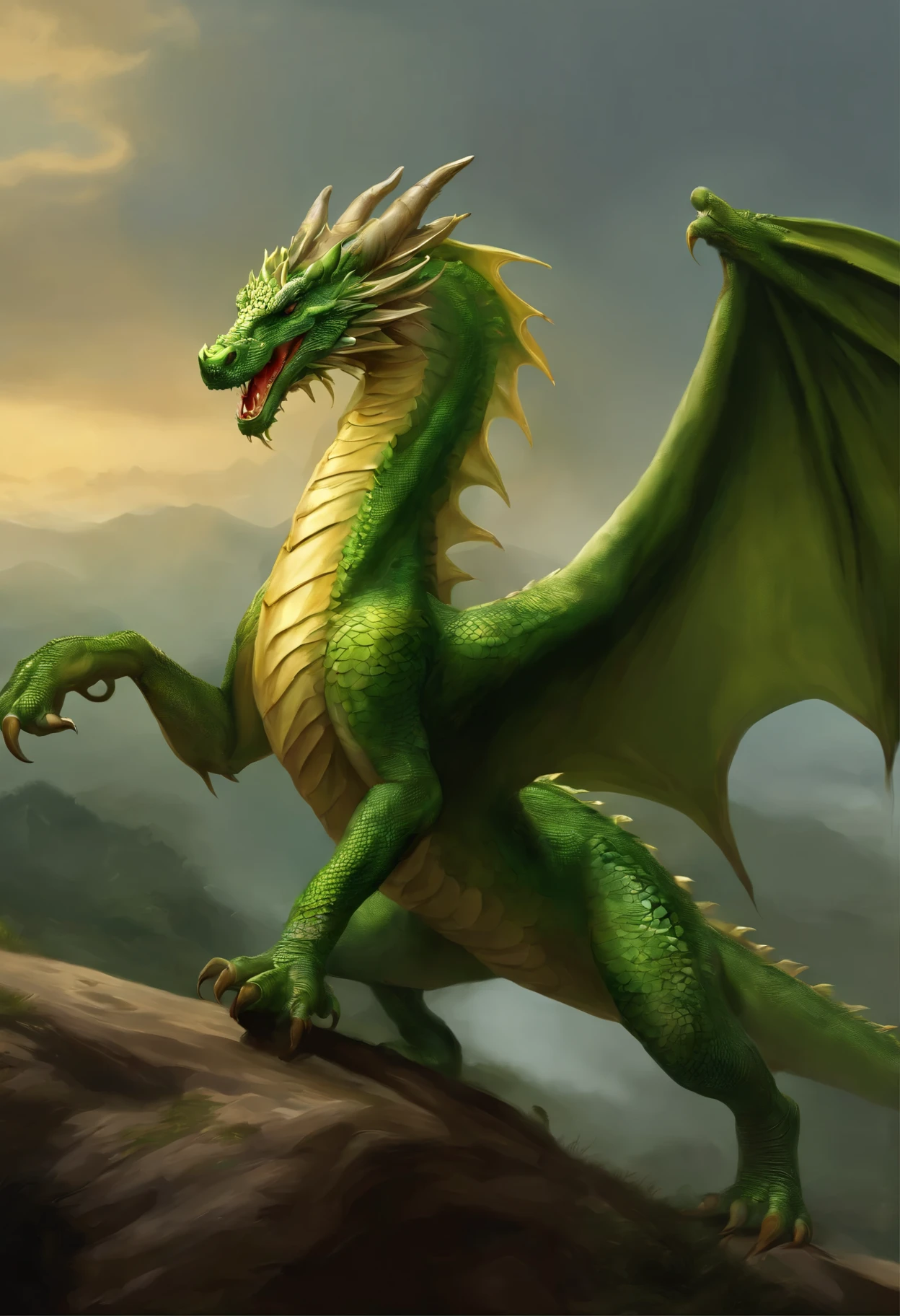 Painting of a huge green dragon, Running with the wind, gorgeous digital painting, airbrush digital oil painting, beautiful digital painting, inspired by John Frederick Herring, Senior., inspired by John Frederick Herring, Jr., Stunning digital painting, Beautiful green dragon, Beautiful predatory dragon, Digital painting in HD format, high quality digital painting, Flowing mane, Epic oil painting, Beautiful picture of high